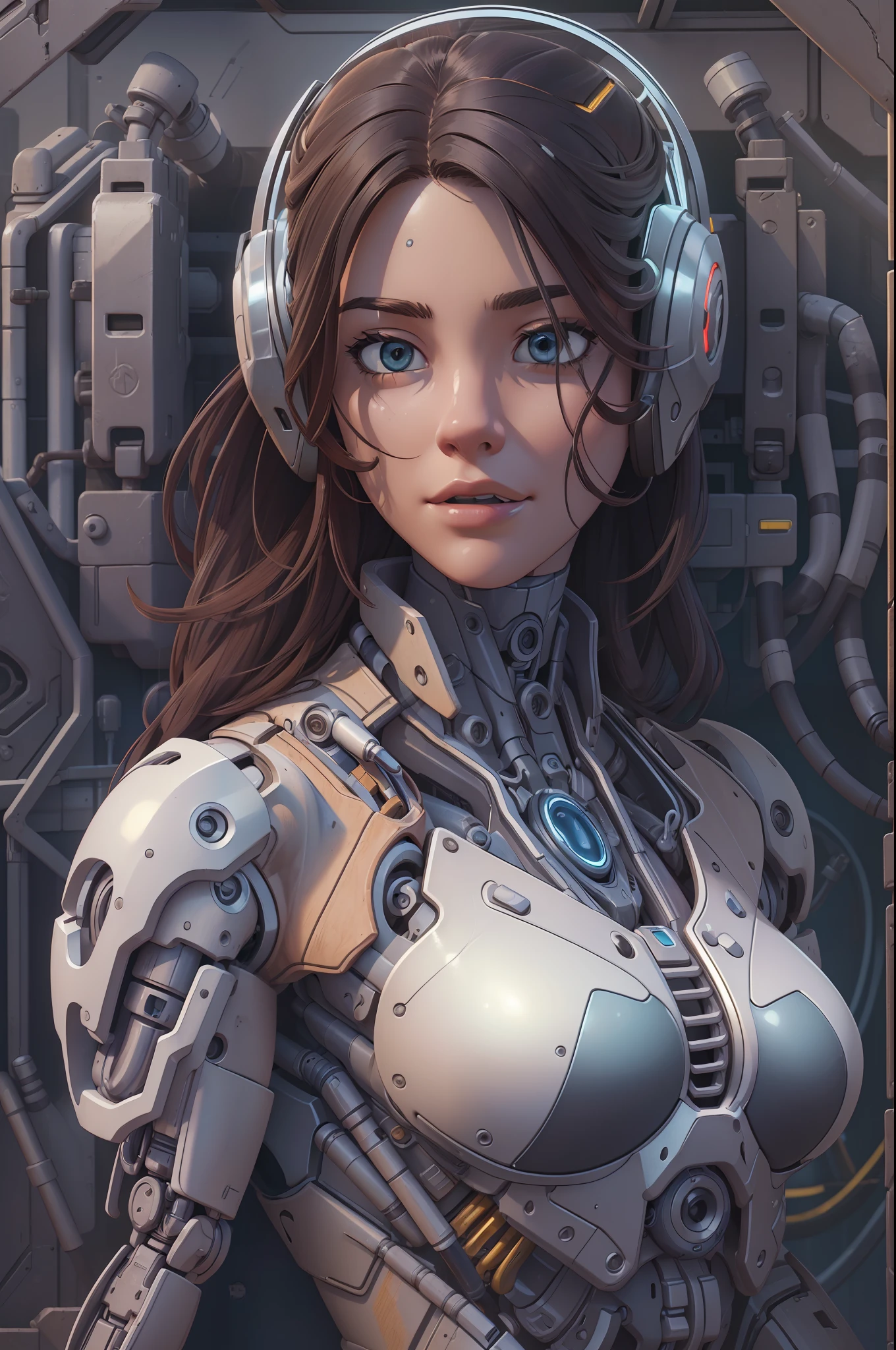 (best quality, masterpiece:1.2), photorealistic, thick outlines, strong shadows, female, woman robot cyborg, corporate model, manufacturer logos, detailed mechanical parts, glossy hard steel, scifi materials,advanced electronics, cyberpunk scene,