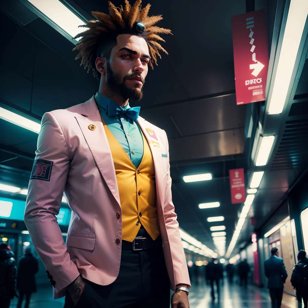I'd like a cyberpunk style image in 4k average photo of three black characters ,homem e mulher ,portanto,africano, forte de pele negra ,barba grande ,barba, estiloso ,com cabelo punk estilo anos 80 na cor amarelo e cinza escuro, muito eLegante , futurista e estiloso neon , com uma tatuagem super colorida e com neon ,Toattoo, facing a metro station on the platform , with station lights failing in a dimly lit environment, standing dressed in a dark yellow suit with a pink bow tie and baggy shirt.