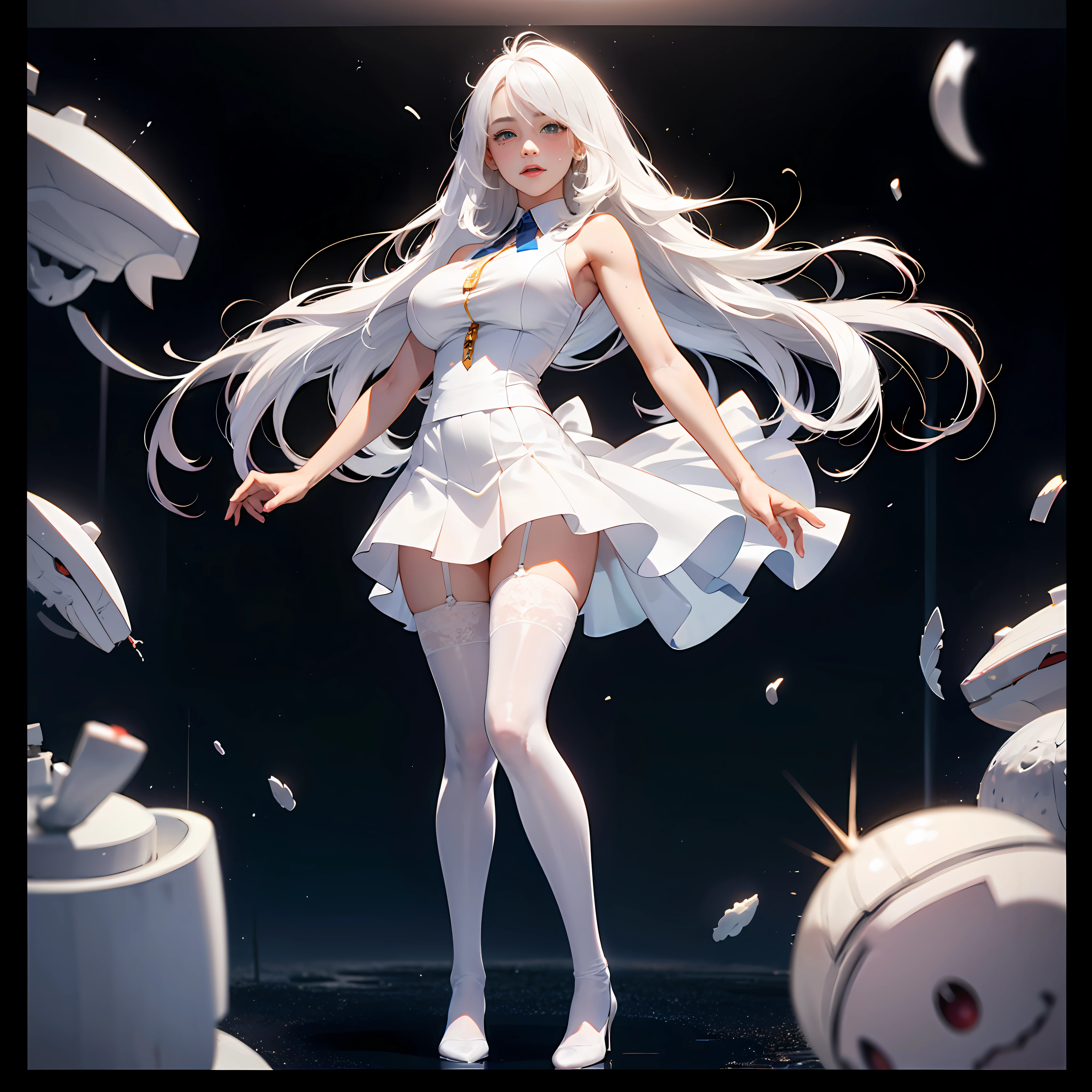 Girl, white hair, full body, huge breasts, full body heat, white transparent miniskirt, white transparent stockings, panty perspective, excitement, heat, sweating, blushing, spit, peeing, peeing pants, super detailed face, super detailed hands, highest image quality