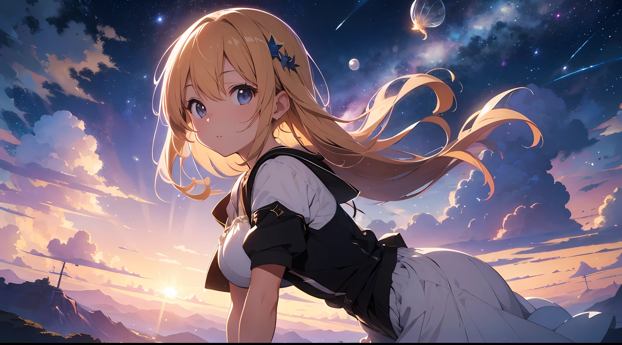 (Best quality),(masterpiece),(ultra detailed),(high detailed),(extremely detailed),Subject: Anime Sky Dreamscapes
Medium: Digital illustration or traditional painting.
Resolution: 4000x2000 pixels.
Color Palette: Soft pastel colors with a mix of vibrant hues.
Mood: Magical, ethereal, and serene.
Composition: Expansive skies with floating islands, whimsical clouds, and other dreamlike elements.
Lighting: Soft, diffused lighting with a warm, golden glow.
Style: Anime-inspired with a touch of fantasy and surrealism.
Details: Include elements such as shooting stars, colorful nebulae, fluffy clouds, and mystical creatures.
Inspiration: Anime fantasy worlds, Studio Ghibli films, surreal art, and celestial imagery.
Camera Setup: None (since it's a digital illustration).
Additional Notes: Emphasize the vastness and beauty of the sky by creating a sense of depth and space. Experiment with various cloud formations and shapes, ranging from fluffy cumulus clouds to wispy cirrus clouds. Incorporate celestial elements like moons, stars, and galaxies to enhance the dreamy atmosphere. Use soft brush strokes and blending techniques to create a seamless and ethereal look. Play with lighting effects, such as gentle rays of sunlight or glowing orbs, to add a magical touch. Consider adding whimsical creatures like flying dragons or floating jellyfish to bring a sense of wonder to the scene. Don't be afraid to let your imagination soar and create a dreamlike world that captures the essence of anime fantasy.