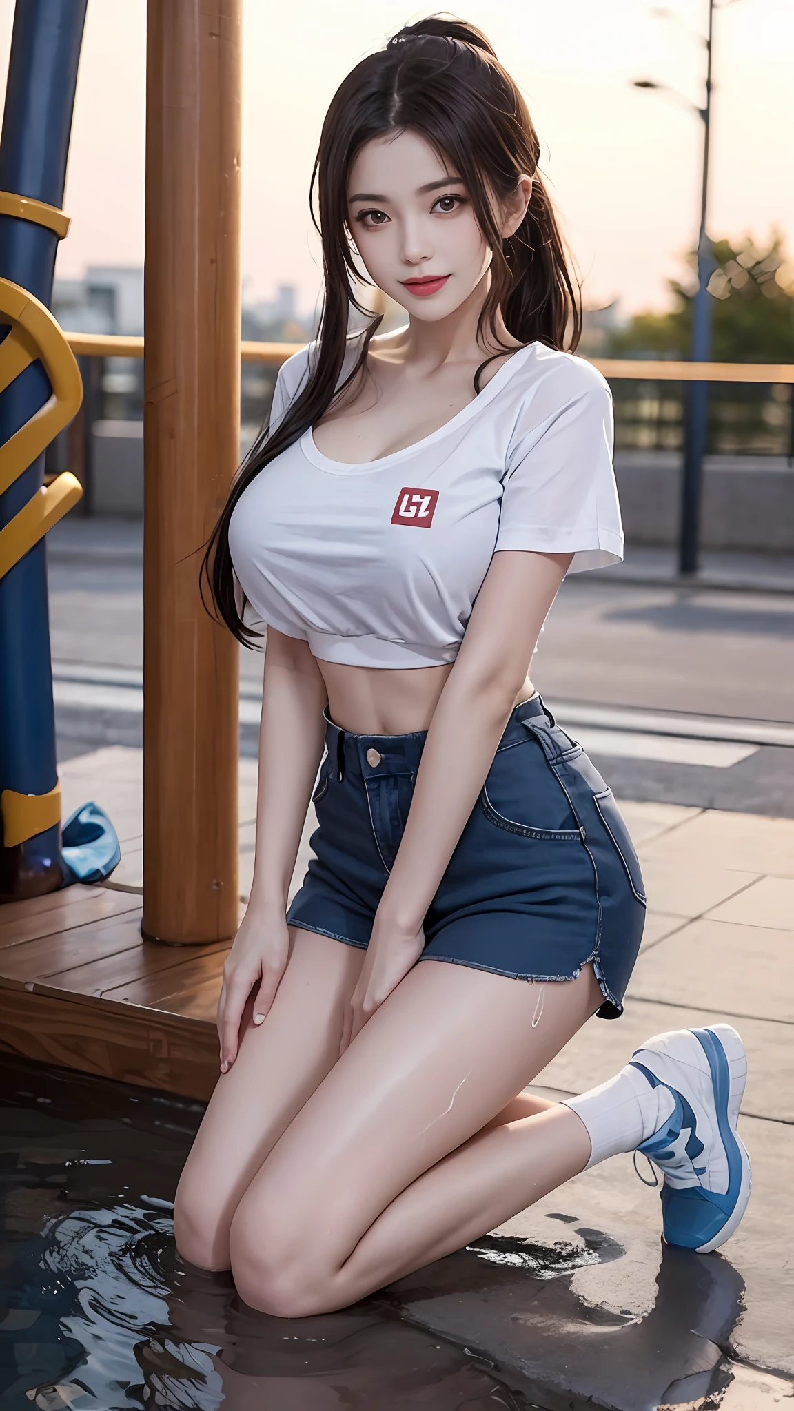 A girl, kneeling on the playground after school, (full body visible)), away from the audience. She is a beautiful, pretty, cute, cute, young, teenager. She is slim, slender, petite, thin, (big breasts), (big breasts), (big breasts). She was sweaty, wet, and drenched. The clothes are transparent, there is sweat on the skin, and the hair is wet. She grinned and smiled. She looks natural, relaxed and unpretentious. Scheming face. Make faces. (sticking out his tongue), telling a secret, hiding a secret, shyness, excitement. She stared at the audience. She wears a black ponytail. She wore a school uniform, a rolled up white shirt with a blue collar, a colored corduroy sports bra under the shirt, blue shorts, and two layers. Shirt lift,. Camera focused on her face, light shining on her face, very large aperture, ((f/1.2)), shallow depth of field, strong blur in background lens, ISO 3000, auto white balance, extremely detailed, professional lighting, soft light, raw photos, Uniqlo fashion models, best quality, masterpiece, award-winning photography, huge file size, 8k, high resolution, shot on Sony DSLR.