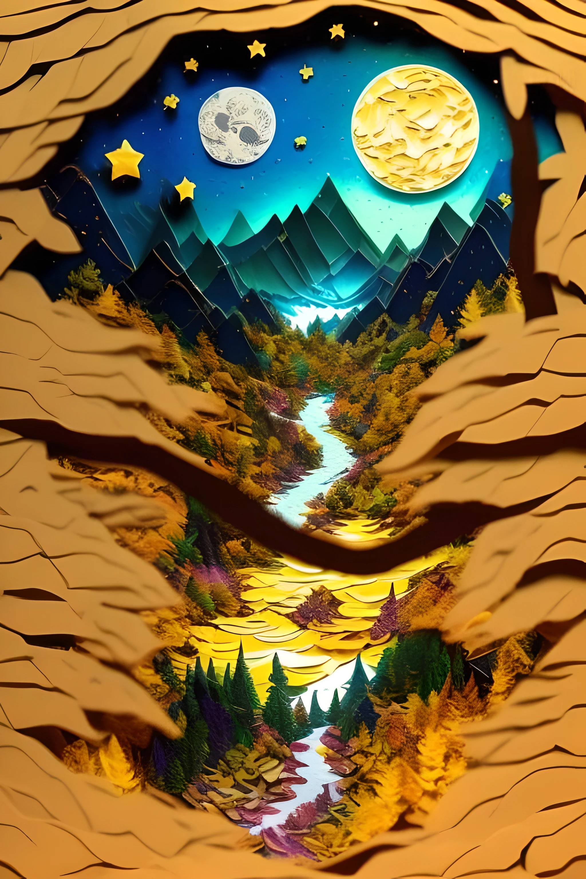 montain, forest, starry night sky ,yello full moon, intricate details,bloom flowers,van goph,rainbow