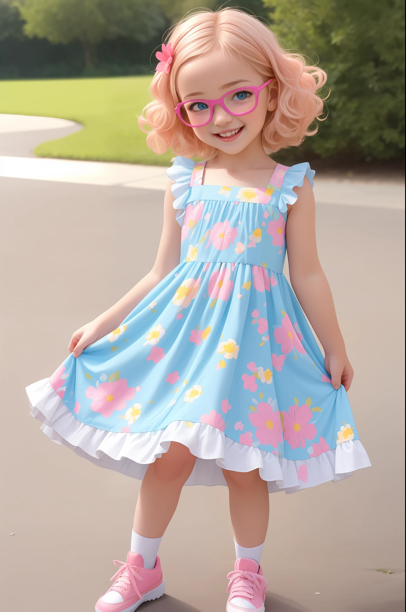 best quality, ultra high res, detailed face, realistic face, RAW photo, 
a park, standing, british girl,  little girl 10 years old, cute rounded face, rounded pink glasses, smile, light blonde hair:1.1, detailed hair, short curly hair, shoes, baby shoes, dress, summer_dress, simple dress, light bright dress, cute baby dress, floral dress, (cheerful, energetic, happy:1.4), blue eyes, hair small clip with pink and yellow flower,