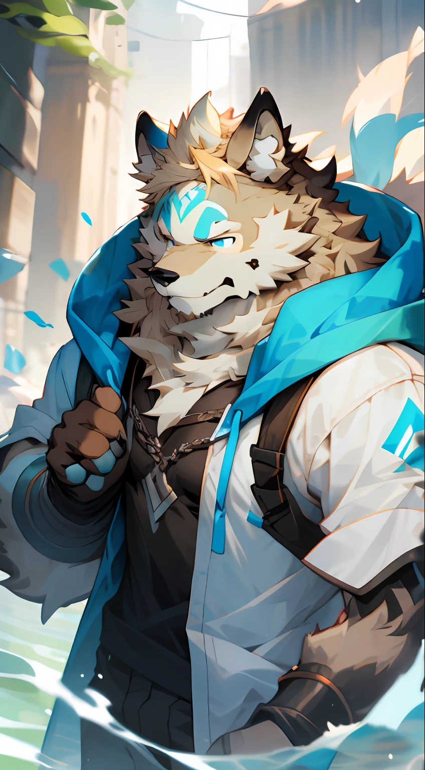 Men have dog faces， Doggy， light brown fur，Light blue eyes ， ， Happy expression，Light blue eyes， ， Light blonde， ， Wear a black hooded shirt， skin detailed， ， Light rice hair， ， Sagging ears， ， ， Deviation trend， Furry art， hairy chest， furry fursona， Furry character， hairy bodies，The furry neck grinned，Wearing a naked，Upper body nudity