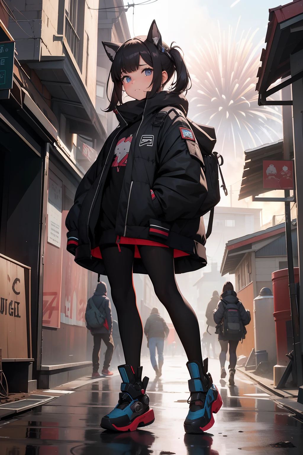 a pregirl,Wearing mechs,On both sides of the picture are houses,In the middle is a small alley,The girl collapsed tiredly in the alley,The market outside the alley is bustling with fireworks,with people coming and going,high qulity
