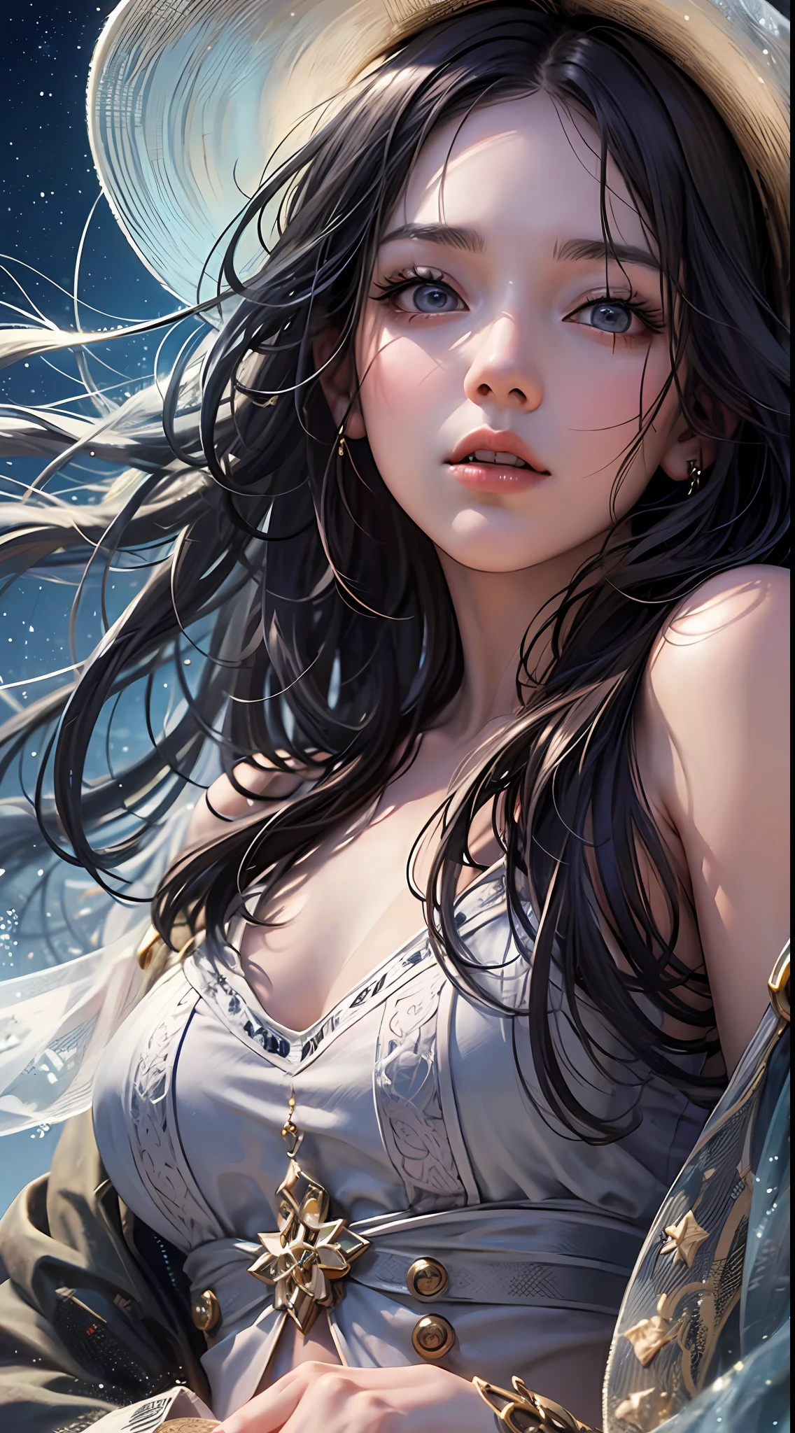 Focus on the person. We create and express the best shining composition of the person. ((Masterpiece)), (((highest quality)))), ((Ultra detail)), (Ultra realistic), (Highly detailed CG illustrations), (Very delicate and beautiful), Girls as masterpieces, highest quality, realistic skin, realistic fabrics, realist illustrations focusing on girls with realistic and ultra-detailed eyes in the center front. This is the absolute rule, and the following sentence expresses the image quality. It is the greatest masterpiece in the history of the class of Inuitsuki Ichigo, in which the owner of the greatest painting talent in human history met an unparalleled beauty and risked his life to depict the most beautiful figure. Create stunning anime artwork that is currently trending on seaStation, showcasing exquisite beauty and captivating aesthetics. Envision a scene where a petite Japanese high school girl, with a youthful face and clear eyes, is lying on a grassy hill under a starry sky in the world of "Princess Mononoke". The grass rustles softly in the wind, the sound of nature providing a soothing soundtrack. Her dynamite body and finely textured skin glow under the moonlight. Her clothes and accessories, realistically depicted, change according to the fabric material. The stars twinkle in the sky, adding a touch of realism to the scene. This image captures a miraculous moment in her life as she bravely lives in this different world. The image should be hyper-realistic, highly detailed, and in high-resolution 16k. Use a Sony Alpha 1 Mirrorless Camera with a Sony FE 24-105mm f/4 G OSS lens. Set the ISO sensitivity to 32,000 and the shutter speed to 1/125 second. The image should be framed in such a way that the girl is in the center, with the vast starry sky above and the rolling hills of "Princess Mononoke" in the background. --ar 16:9 --v 5.1 --style raw --q 2 --s 750