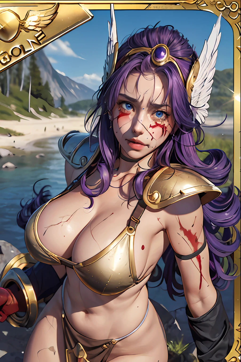 (trading card:1.2),text,(gold frame:1.2),(masterpiece, best quality:1.2), soldier \(dq3\), 1girl, bikini armor, long hair, curly hair, purple hair, blue eyes, large breasts, gloves, loincloth, winged helmet, red armor, holding sword and shield, (brunette messy hair), (Crying face:1.3),(perfect body, perfect boobs, perfect thighs),(tears, blood, bruises on face and body, injuries on body, damaged),torn costume,erect nipples,show off nipples,(nsfw:1.2),lake background