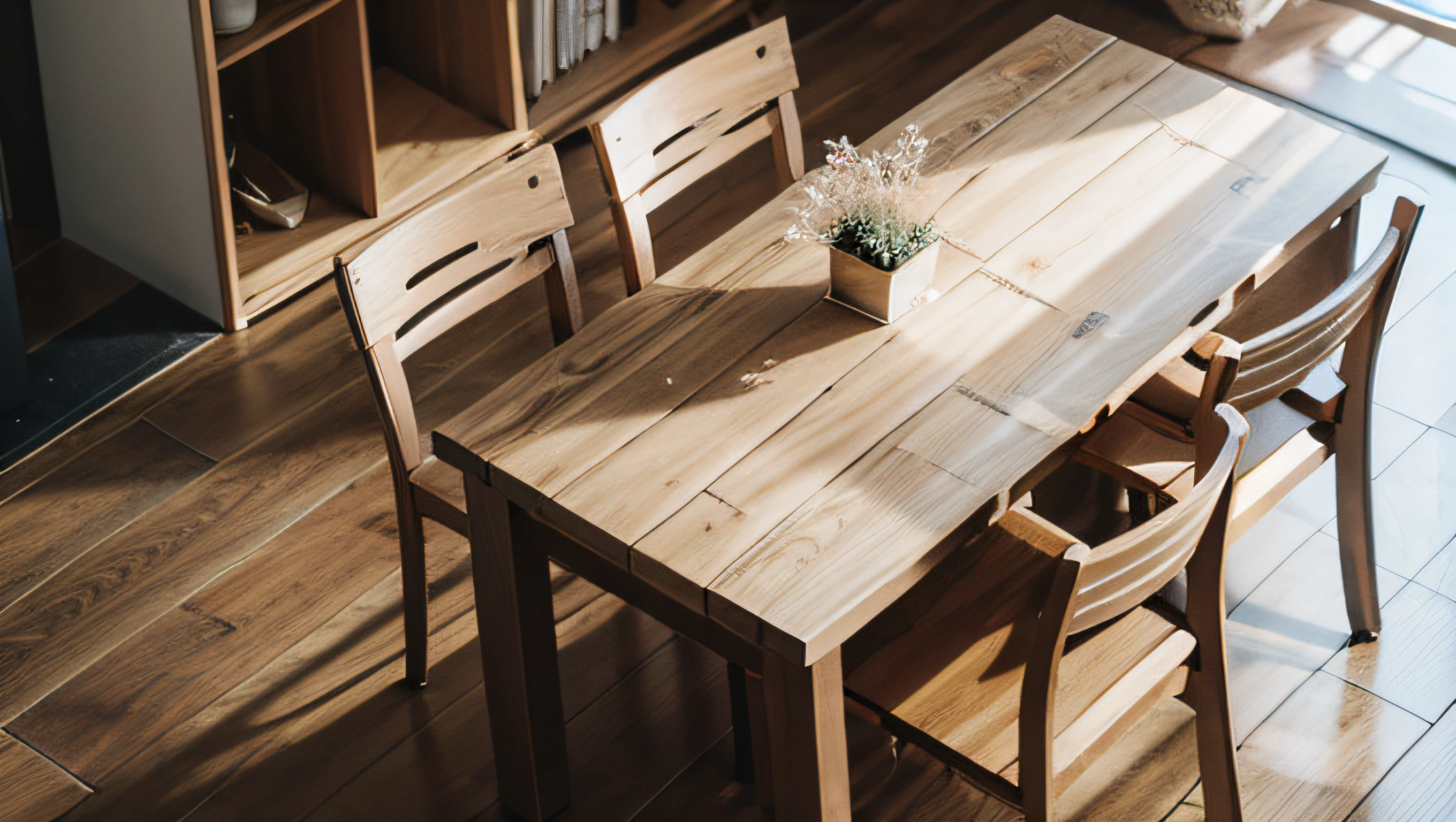 Una mesa de madera de pino con capacidad para dos personas, aerial plan, accompanied by two chairs. natural lighting.