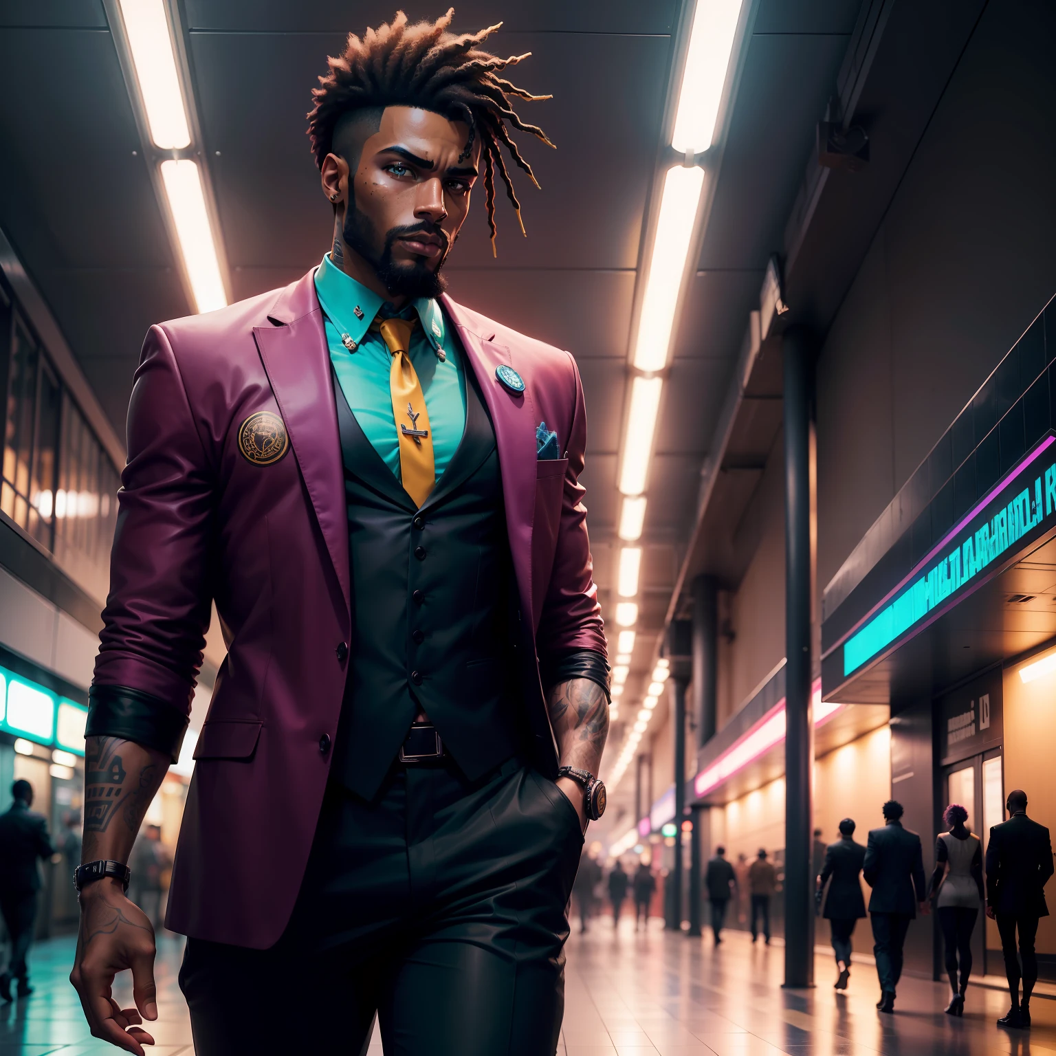 I'd like a cyberpunk style image in 4k average photo of three black characters ,homem e mulher ,portanto,africano, forte de pele negra ,barba grande ,barba, estiloso ,com cabelo punk estilo anos 80 na cor amarelo e cinza escuro, muito eLegante , futurista e estiloso neon , com uma tatuagem super colorida e com neon ,Toattoo, facing a metro station on the platform , with station lights failing in a dimly lit environment, standing dressed in a dark yellow suit with a pink bow tie and baggy shirt.