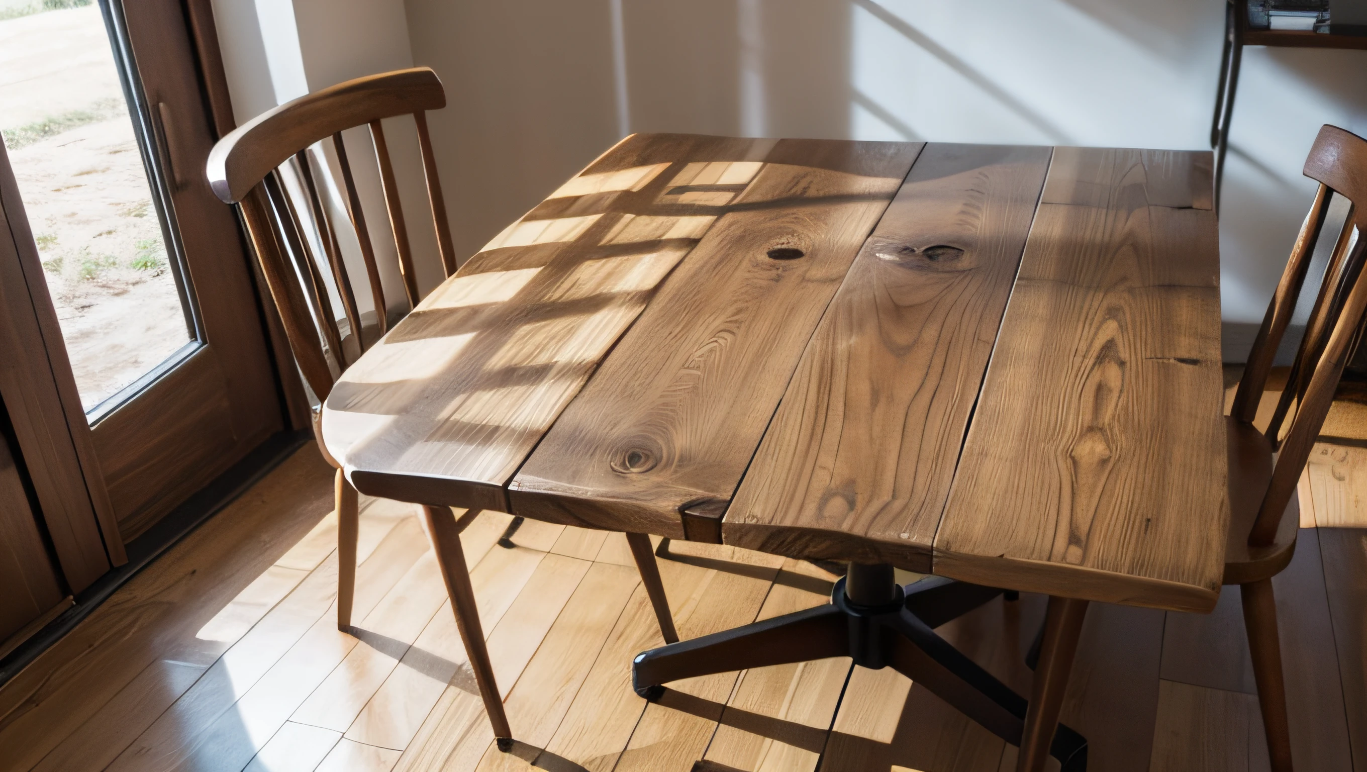 Una mesa de madera de pino con capacidad para dos personas, aerial plan, accompanied by two chairs. natural  lighting.