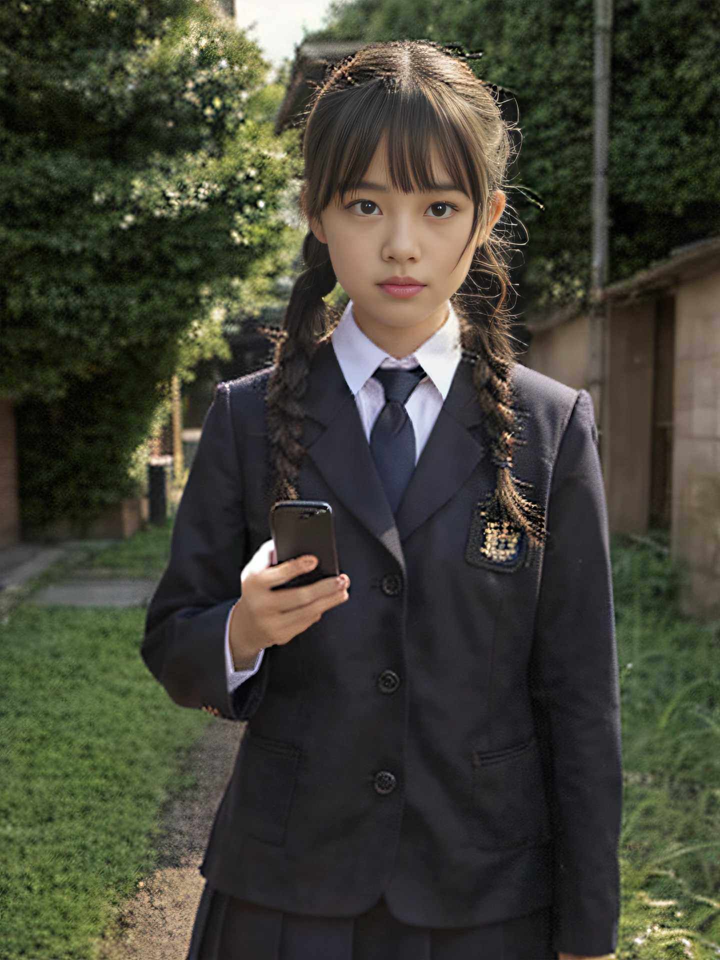 Girl in uniform with mobile phone, girl with braids, portrait of a japanese teen, wearing japanese school uniform, Japan school uniform, japanese girl school uniform, still from live action movie, japanese live action movie, zora々Shishi Japan of Girls, girl wearing school uniform, Young Asian Girl, a hyperrealistic schoolgirl, real life anime girl