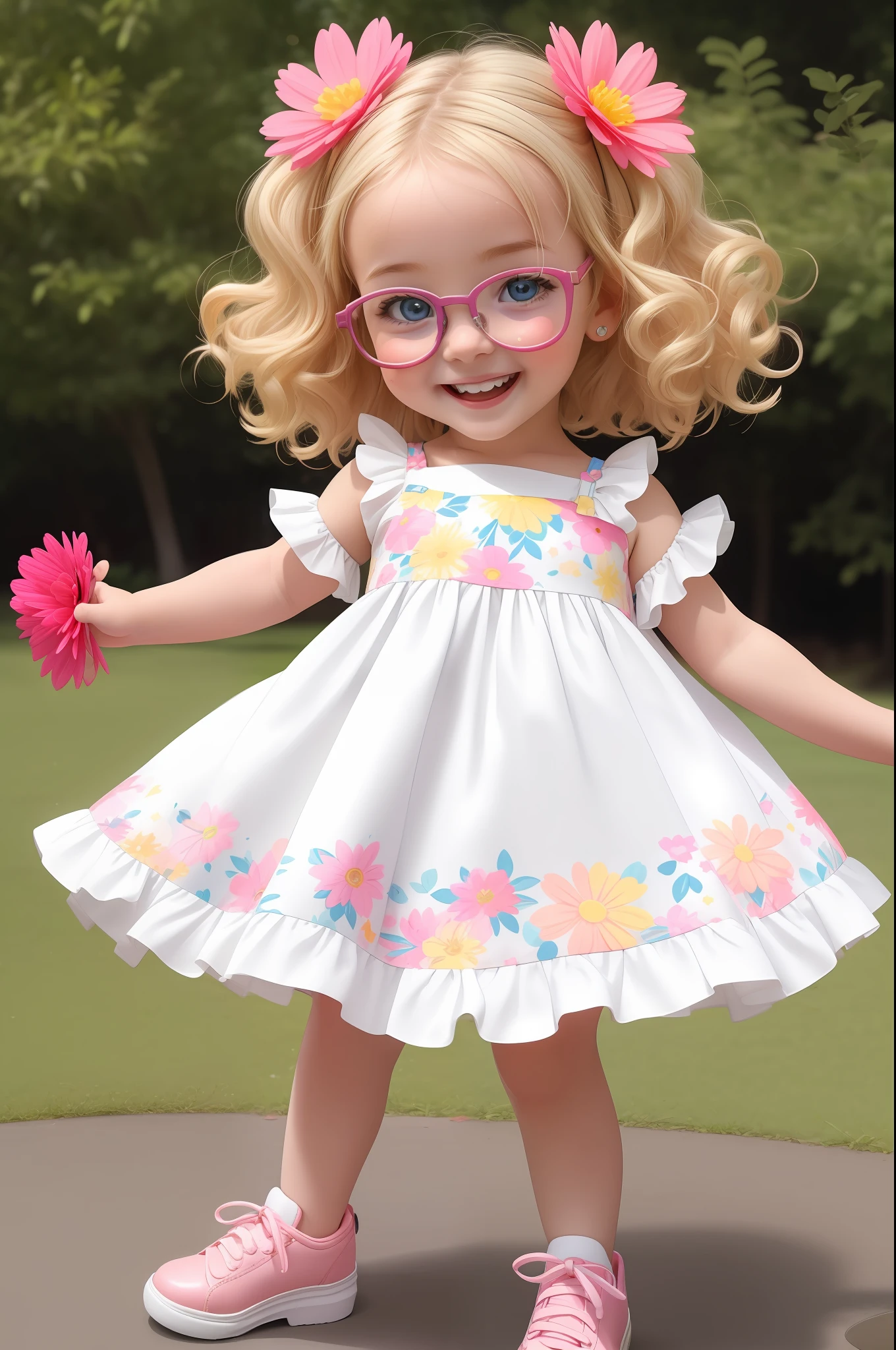 best quality, ultra high res, detailed face, realistic face, RAW photo, 
a park, standing, british girl,  *********** 5 years old, cute rounded face, rounded glasses, smile, light blonde hair:1.1, detailed hair, short curly hair, shoes, baby shoes, dress, summer_dress, simple dress, light bright dress, cute baby dress, floral dress, (cheerful, energetic, happy:1.4), blue eyes, hair small clip with pink and yellow flower,