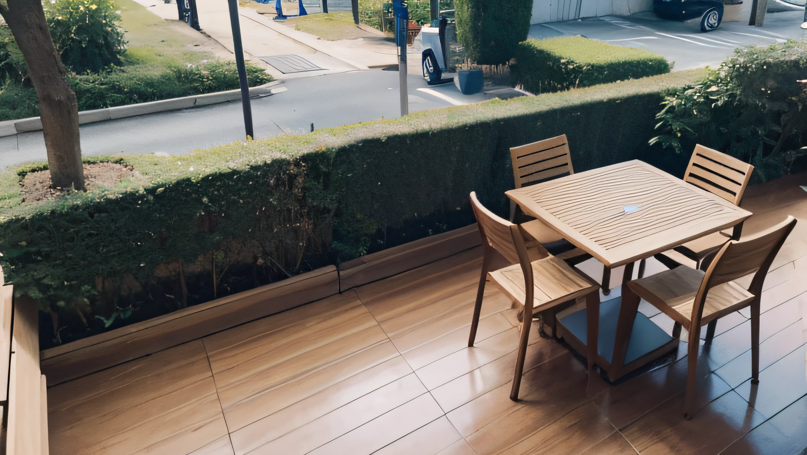 Una mesa de madera de pino con capacidad para dos personas, aerial plan, accompanied by two chairs. natural  lighting.