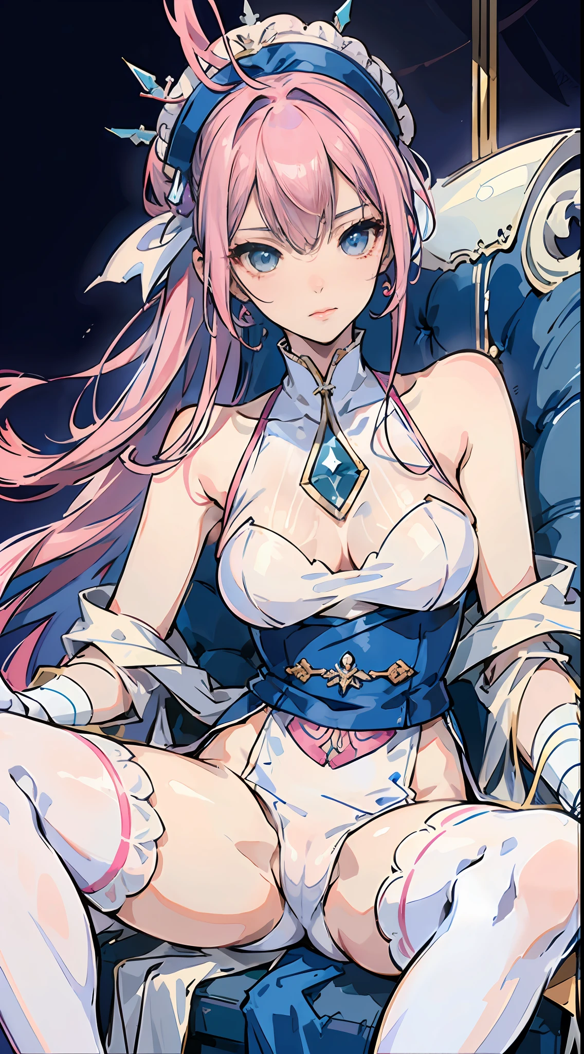 Long blue and pink hair,long leges,white stockings,Moist body,White skin,Shinkai Makoto-style heroine,Sit sideways in a chair,Close-up Shot Shot,high-heels --auto