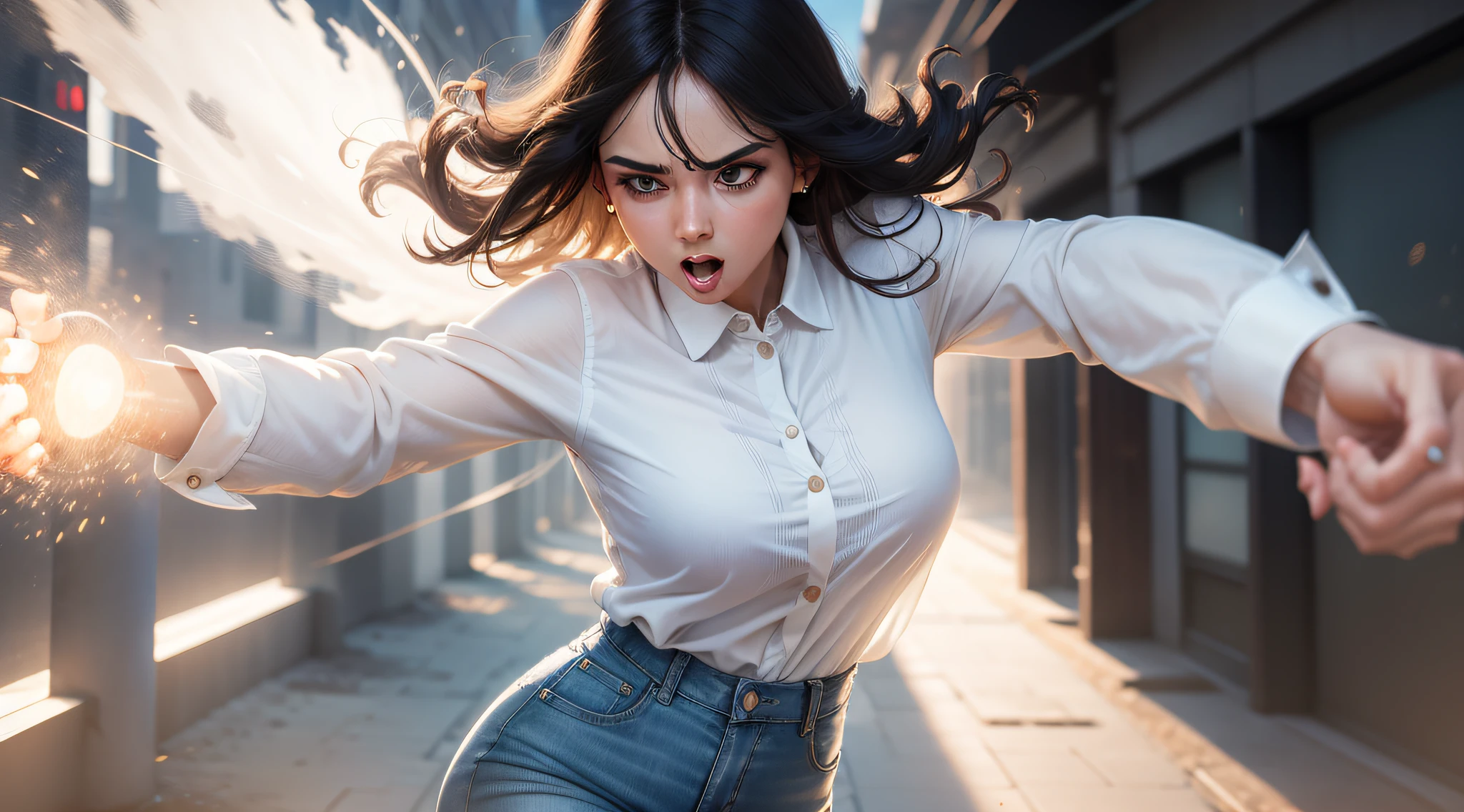 Woman in white blouse and jeans punching the air