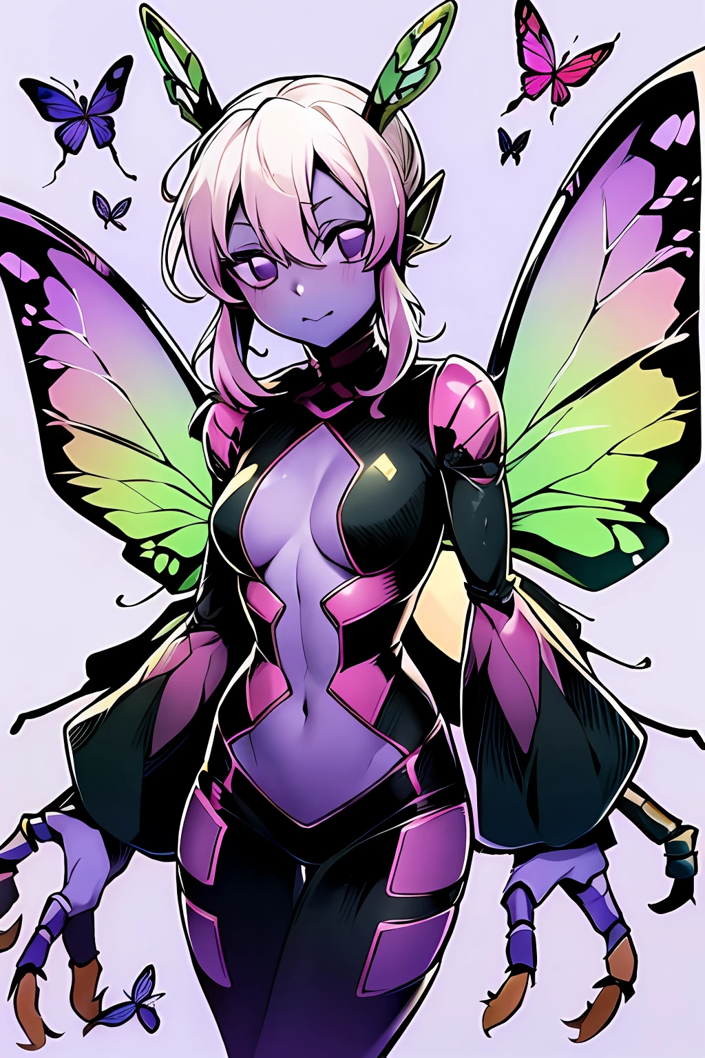 Kochou Shinobu as a Digimon, 1girl,masterpiece, multicolored hair, long sleeves, purple eyes, Insect , fairy  ,Butterfly like, digimon\(creature\),((Purple Skin)), Butterfly wing, Insectoid arms ((,insect limbs))