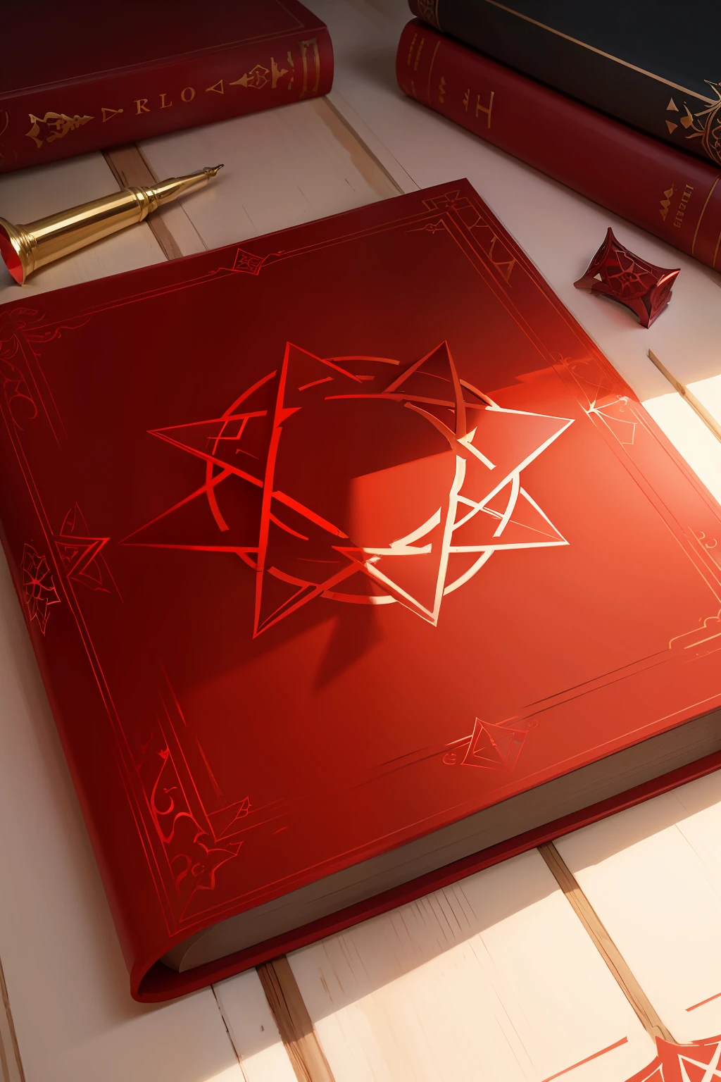 Pentagram, red , with shadow details, with missing background , in a lit place , with books on the side , , high resolution , 18k , full HD