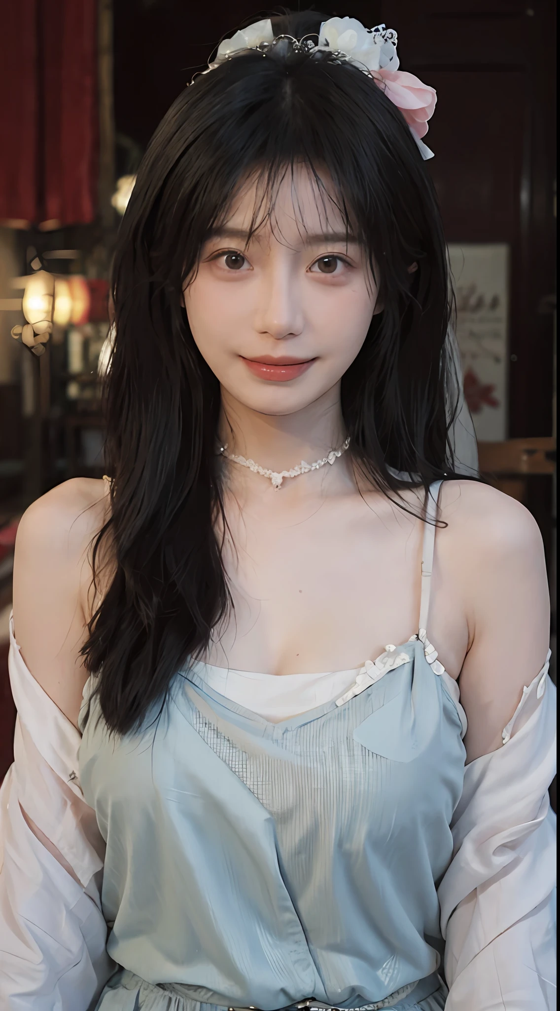 best qualtiy, 超高分辨率, (realisticlying:1.4),cute hairpin,Baoyu Girl,Stand in the wedding hall,(flatchest:1.2) ,A pair of clear and moving peach blossom eyes,Royal Sister,sunshine on face,Big wavy hairstyle,(choker necklace:1.2),(Fair skin:1.4),a sense of atmosphere,a beauty girl, ssmile,head straight-looking at viewer, closeup cleavage ,(Photorealistic:1.4),1girll,Sexy,(Upper body:1.4),(Wet body),(:1.2)