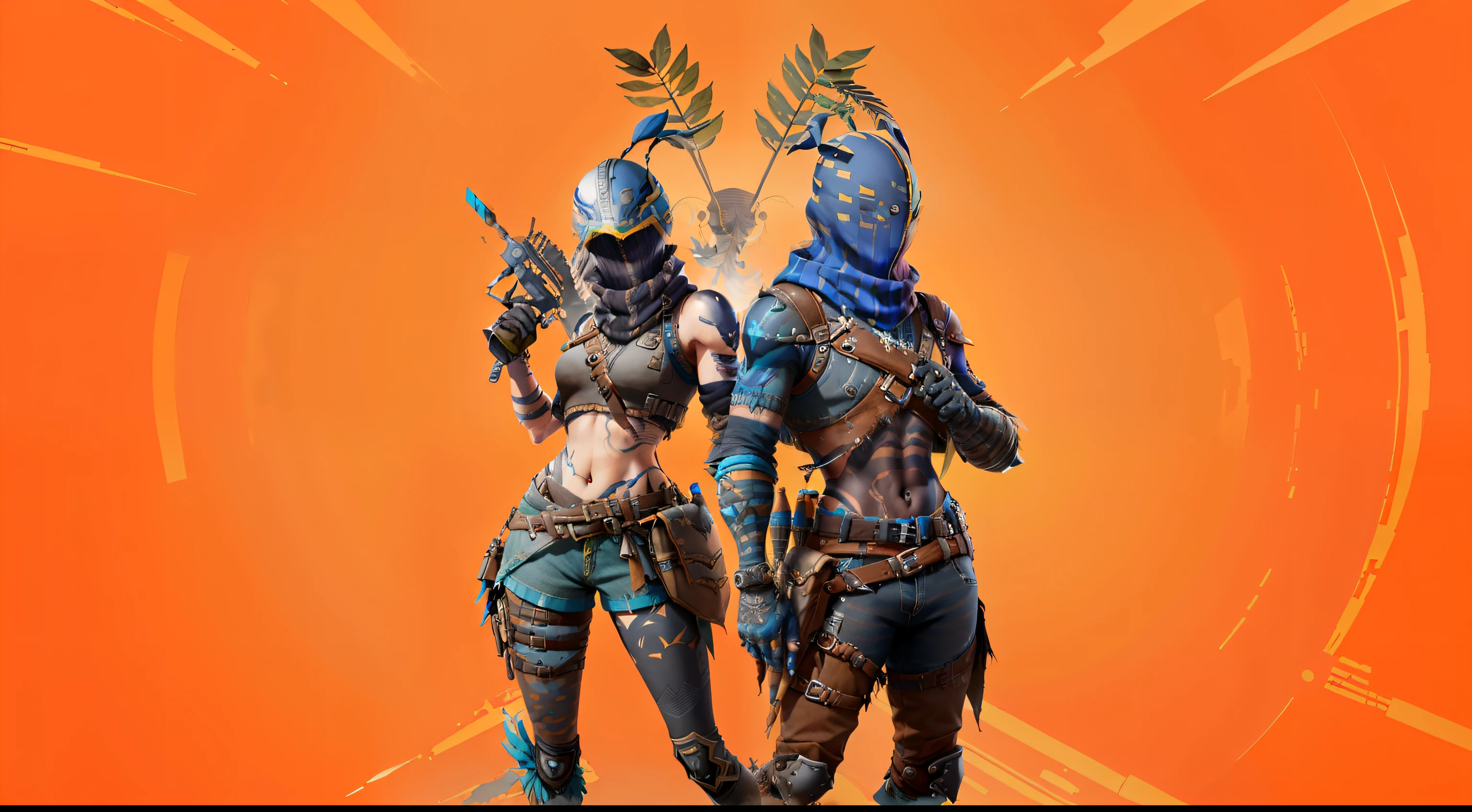 Dos personas con armadura de cuerpo entero sosteniendo armas contra un fondo naranja, Piel de obsidiana, En la piel de Fortnite, Aspecto de Fortnite, Estilo Fortnite, Estilo de arte de Fortnite, Personaje de Fortnite, Fortninte, Epic Games, Captura de pantalla de Fortnite, Fortnite, piel escamosa, Con tal que, Skin en el PC para juegos, piel de platino, Epic portrait of the game, Juego proporcionado. Renderizado de octanaje