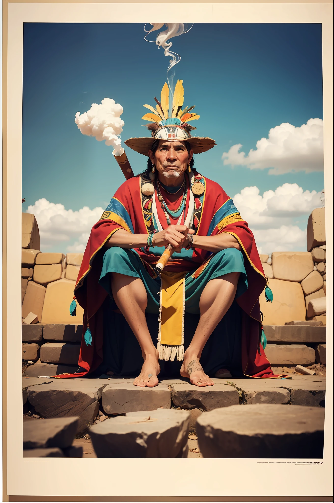 a ((((([old inca, shaman, sitting, relax ])))))), ( full body shot) (((smoking big joint))), nostalgic vibes, vintage, the 6 0 s, 1970s, 1950s, 1960s, Very colourful poster, thirds rule, inspiring, 1970, high quality artwork, poster art style, promotional artwork, hiphop, high quality wallpaper, in a retro or vintage style, reminiscent of classic advertisements or posters. Use warm colors, capturing the nostalgic feel of vintage artwork, side view, from below