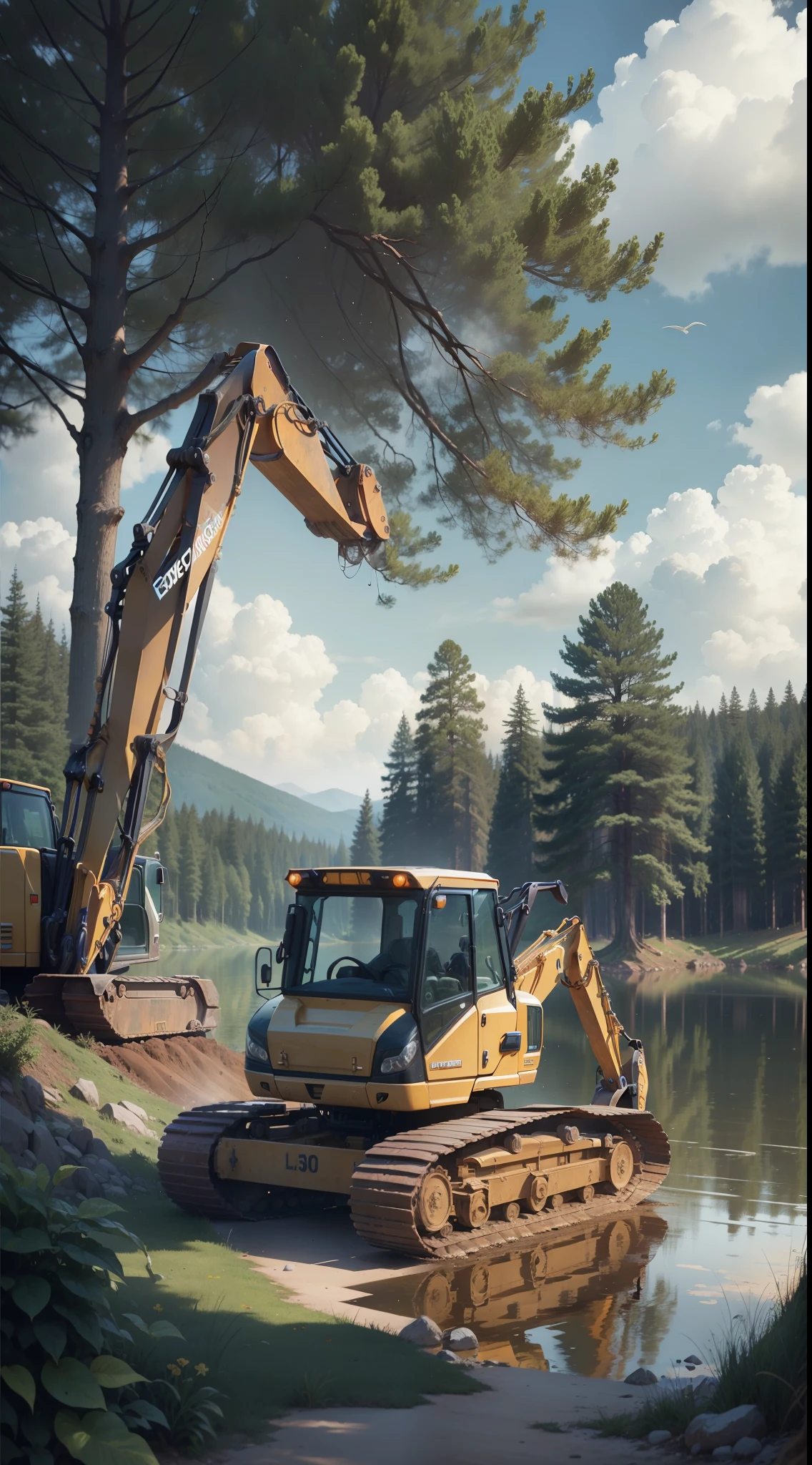 Excavator,digging the ground,trees,lake