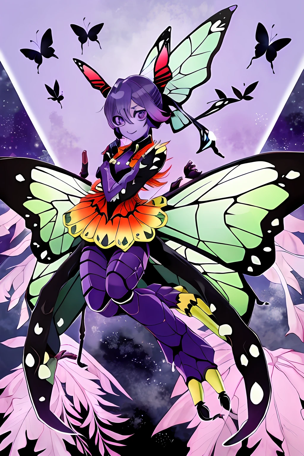 Kochou Shinobu as a Digimon, 1girl,masterpiece, multicolored hair, long sleeves, purple eyes, Insect , fairy  ,Butterfly like, digimon\(creature\),((Purple Skin)), Butterfly wing, Insectoid arms ((,insect limbs))