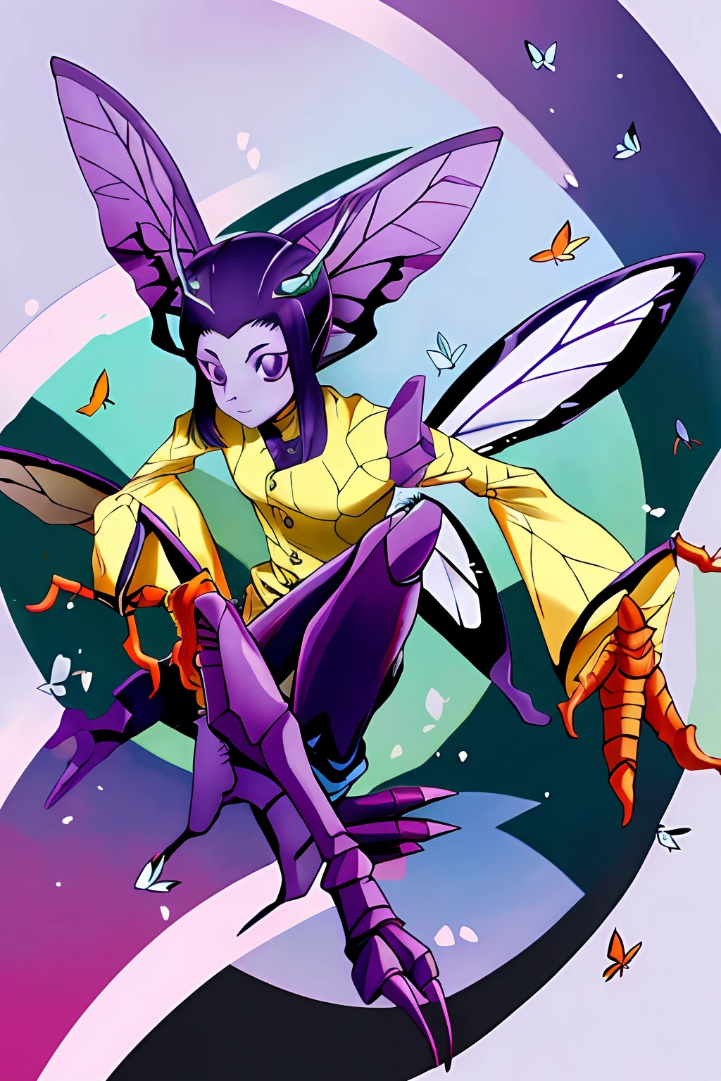 Kochou Shinobu as a Digimon, 1girl,masterpiece, multicolored hair, long sleeves, purple eyes, Insect , fairy  ,Butterfly like, digimon\(creature\),((Purple Skin)), Butterfly wing, Insectoid arms ((,insect limbs))