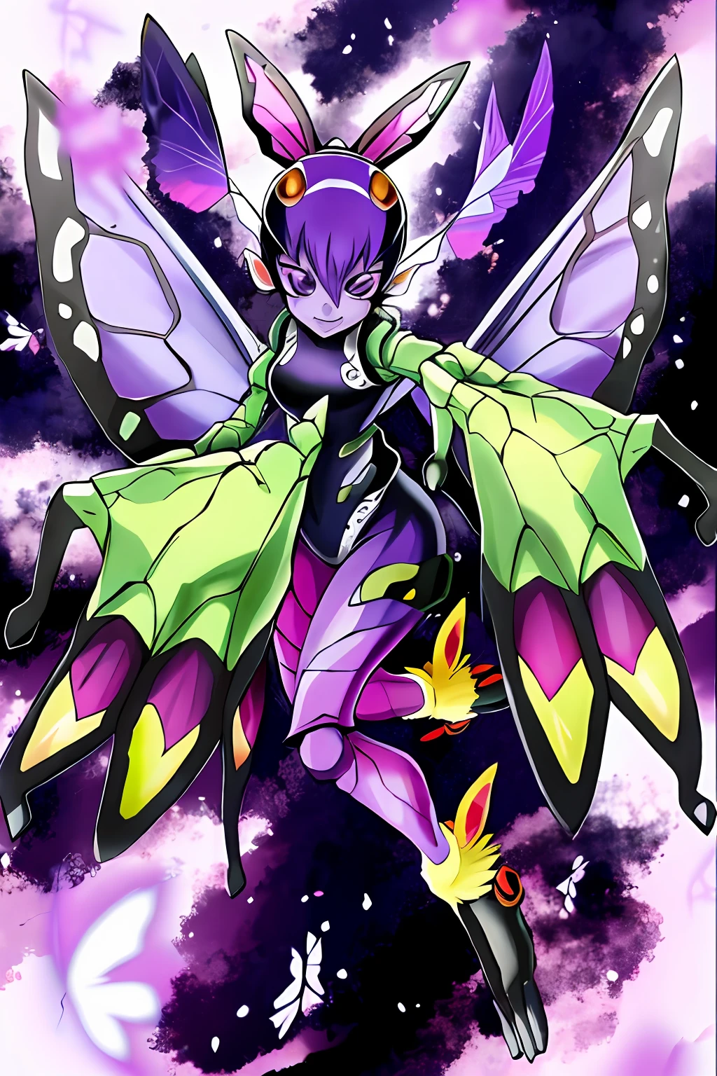 Kochou Shinobu as a Digimon, 1girl,masterpiece, multicolored hair, long sleeves, purple eyes, Insect , fairy ,Butterfly like, digimon\(creature\),((Purple Skin)), Butterfly wing, Insectoid arms ((,insect limbs))