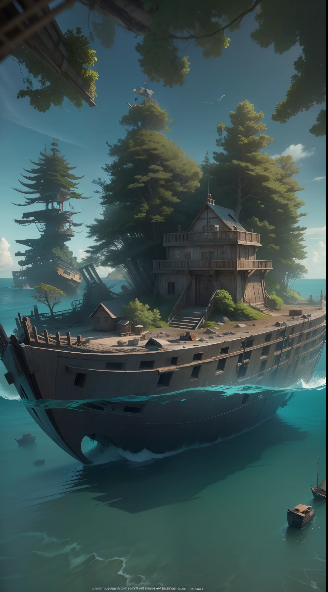 Solitude island,in the middle of ocean,vast ocean ,trees,shipwreck,8k,hyper realistic,detail