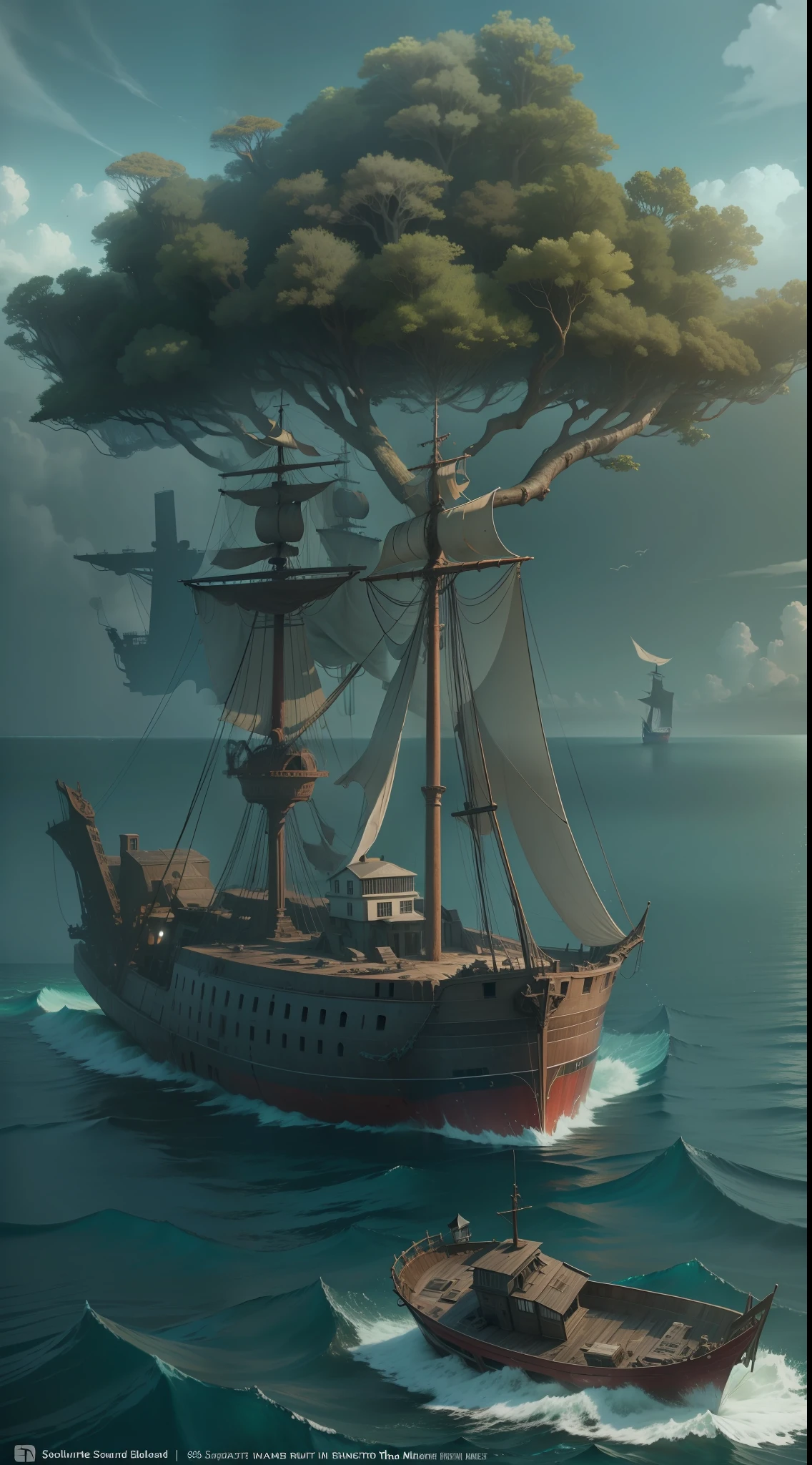 Solitude island,in the middle of ocean,vast ocean ,trees,shipwreck,8k,hyper realistic,detail