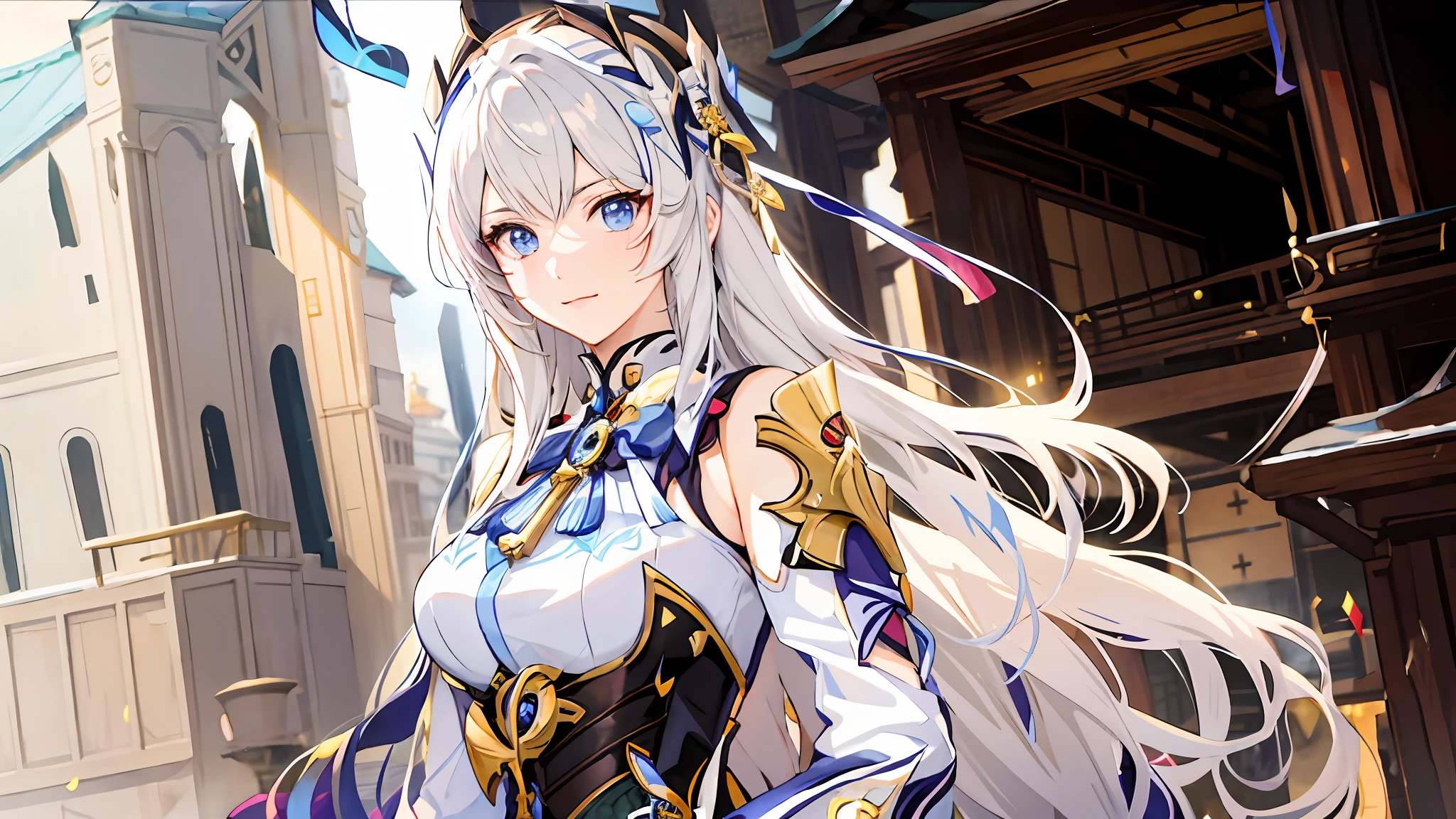 Anime girl with long hair and armor standing in front of the building, Ayaka Genshin impact, Portrait Chevaliers du Zodiaque Fille, Keqing from Genshin Impact, Genshin, ((a beautiful fantasy empress)), Hestia, Extremely detailed Artgerm, ayaka game genshin impact, Kushatt Krenz Key Art Women, Detailed key anime art