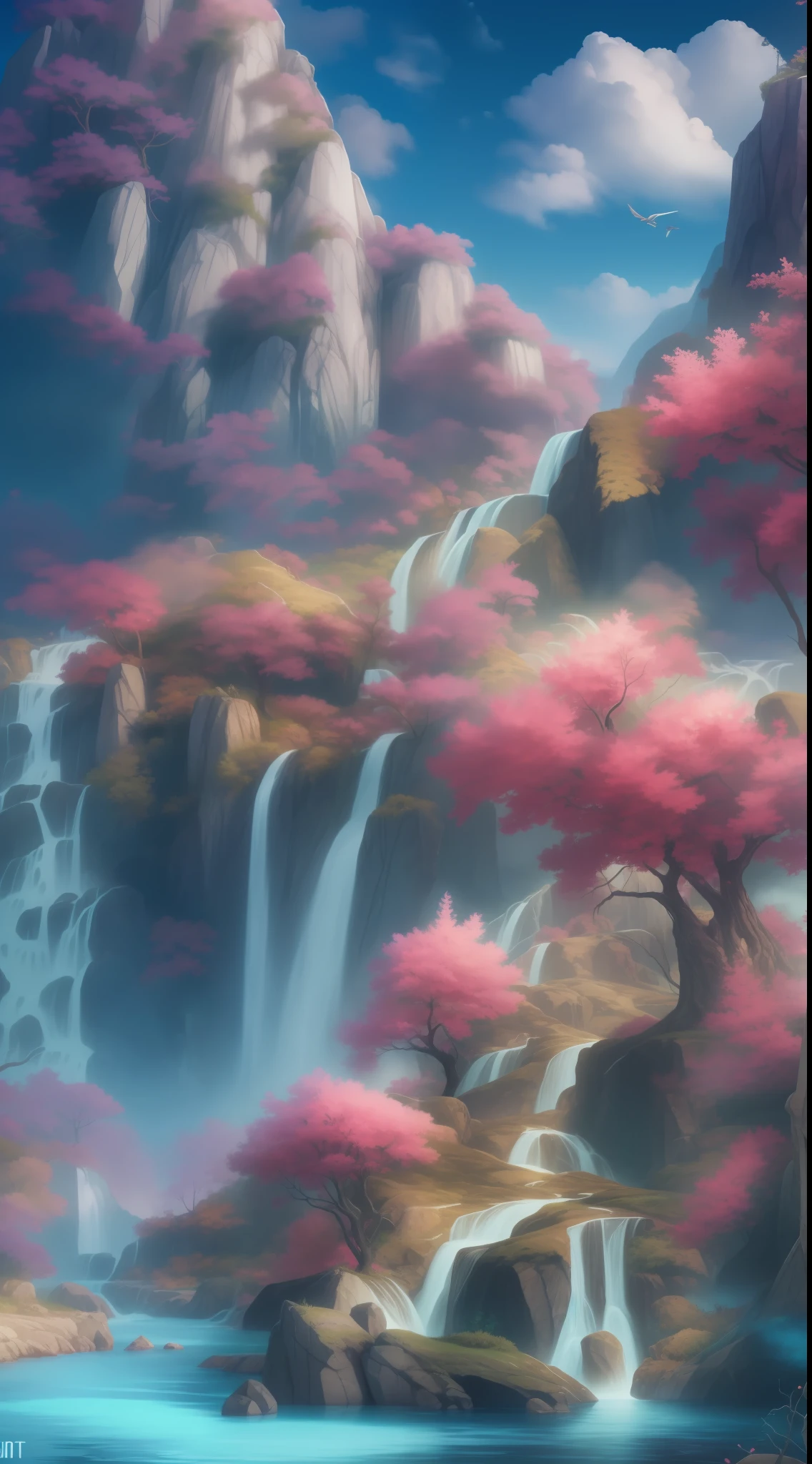 masterpiece, best quality, high quality, extremely detailed CG unity 8k wallpaper, scenery, outdoors, sky, cloud, day, no humans, mountain, landscape, water, tree, blue sky, waterfall, cliff, nature, lake, river, cloudy sky,award winning photography, Bokeh, Depth of Field, HDR, bloom, Chromatic Aberration ,Photorealistic,extremely detailed, trending on artstation, trending on CGsociety, Intricate, High Detail, dramatic, art by midjourney