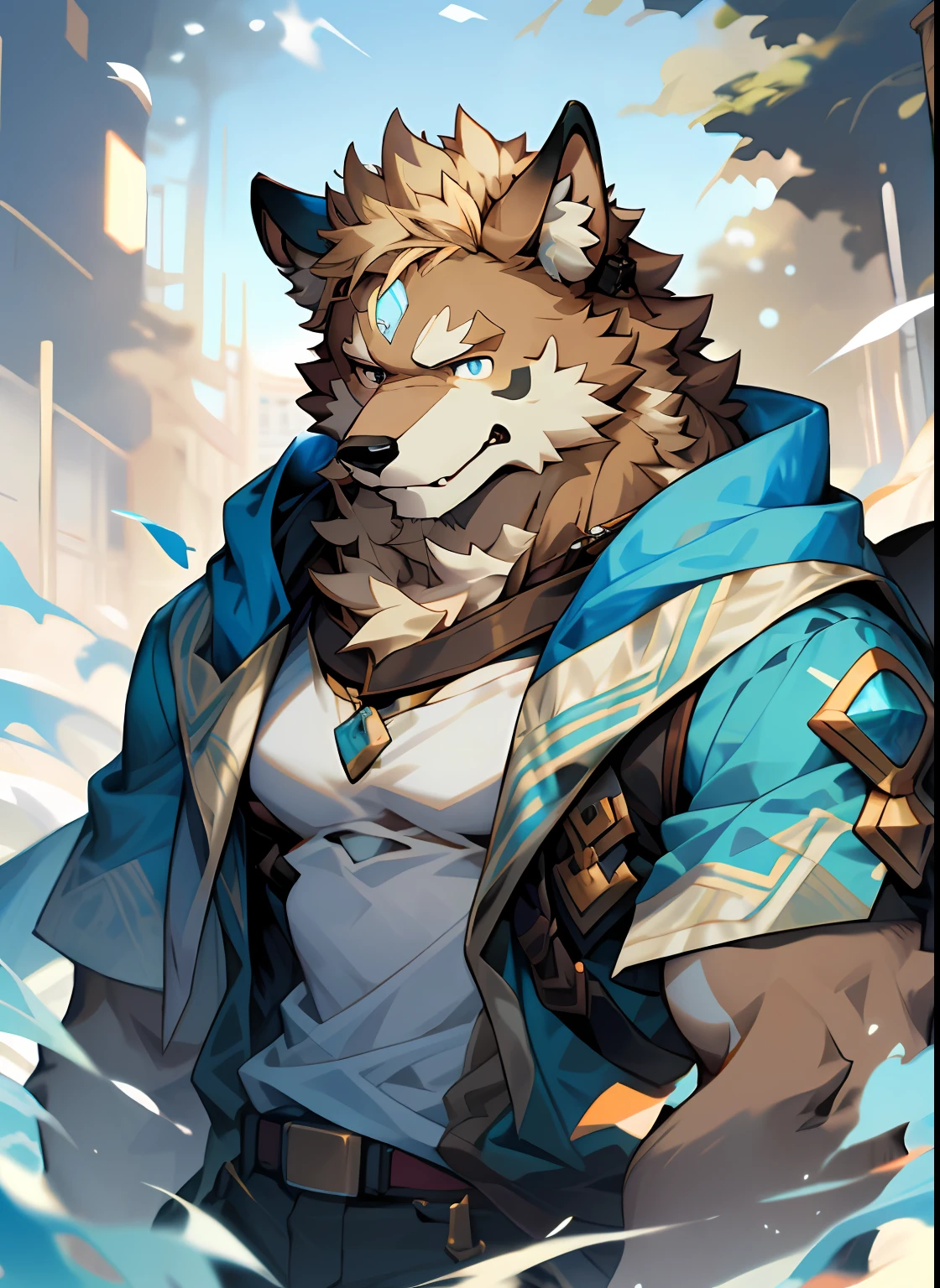Men have dog faces, Doggy, light brown fur, , Sagging ears, A confident expression,blue color eyes, earthy, Light blonde, full bodyesbian, Wear a t-shirt, skin detailed, man with a dog mask on his head, Light rice hair, caramel, Sagging ears, , Portraits of characters inspired by Caspar Wolfe, Deviation trend, Furry art, hairy chest, furry fursona, Furry character, hairy bodies,furry neck a