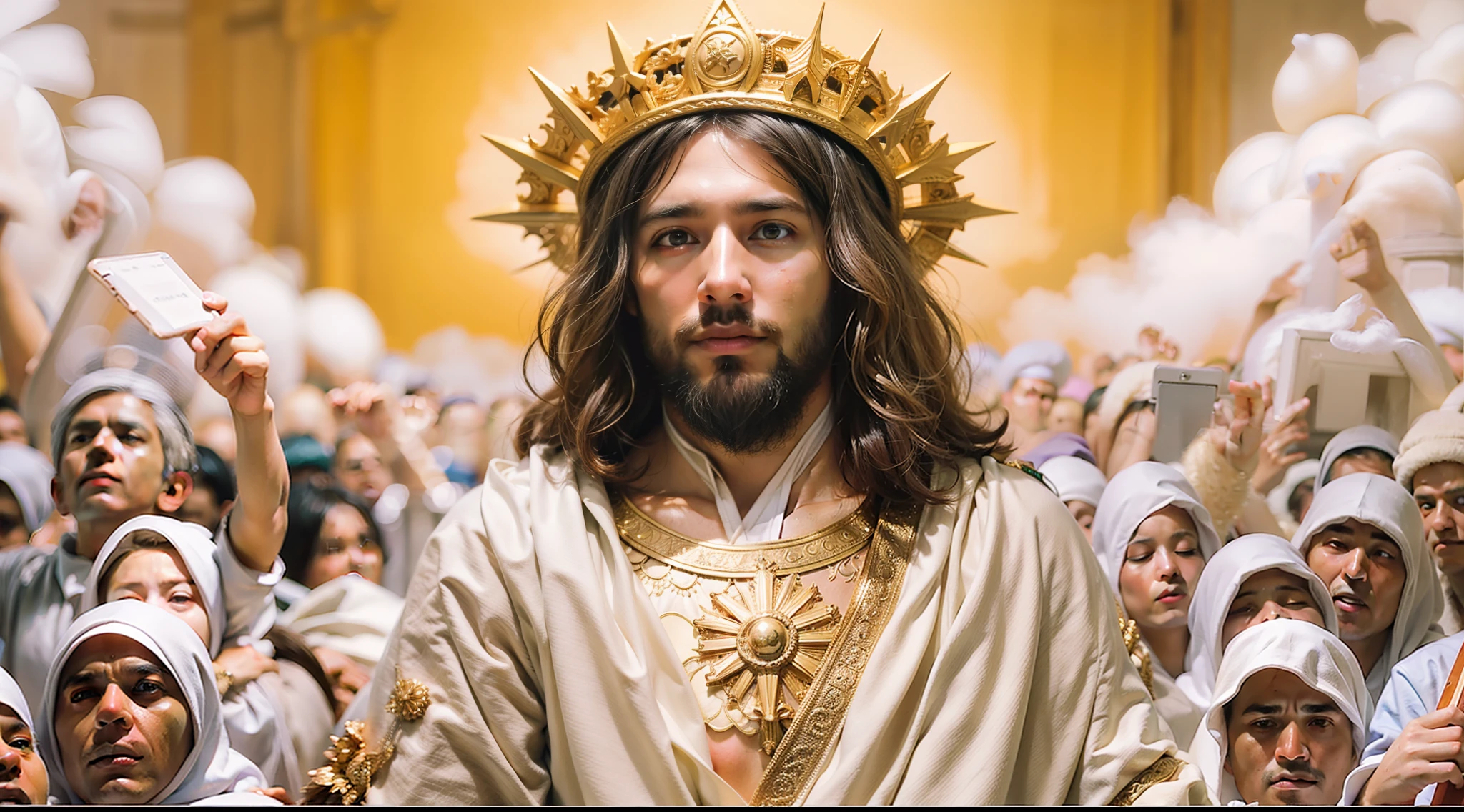 desenhe jesus sentado em um trono branco envolto em fogo, whose presence fled from heaven and earth, diante dele milhares de pessoas, (a huge crowd)