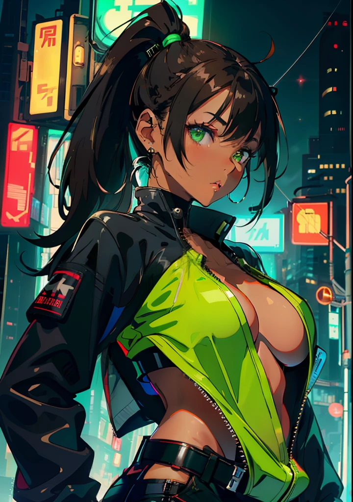 1girl, beautiful face, squirrel ears, squirrel tail, dark skin, (ponytail, brunette, extremely long hair), (techwear, belt, bodysuit, green jacket, open jacket,detached sleeves,hip vent), green eyes, cute, look at viewer, night city, neon, rainy, huge breasts, acorn earrings