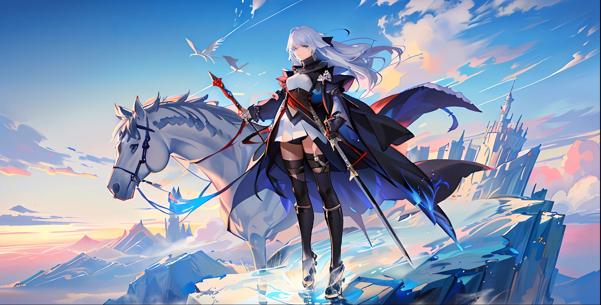 Anime, angel, Girl, sword, sword, sword, sword, sword, sword, sword, sword, ethereal anime, Detailed anime artwork, Detailed key anime art, Beautiful anime artwork, From Arknights, beautiful fantasy anime, astral ethereal, by Yang J, Anime fantasy artwork, Anime epic artwork, Ethereal fantasy, Ethereal!!!!!!!, detailed anime art, White-haired god