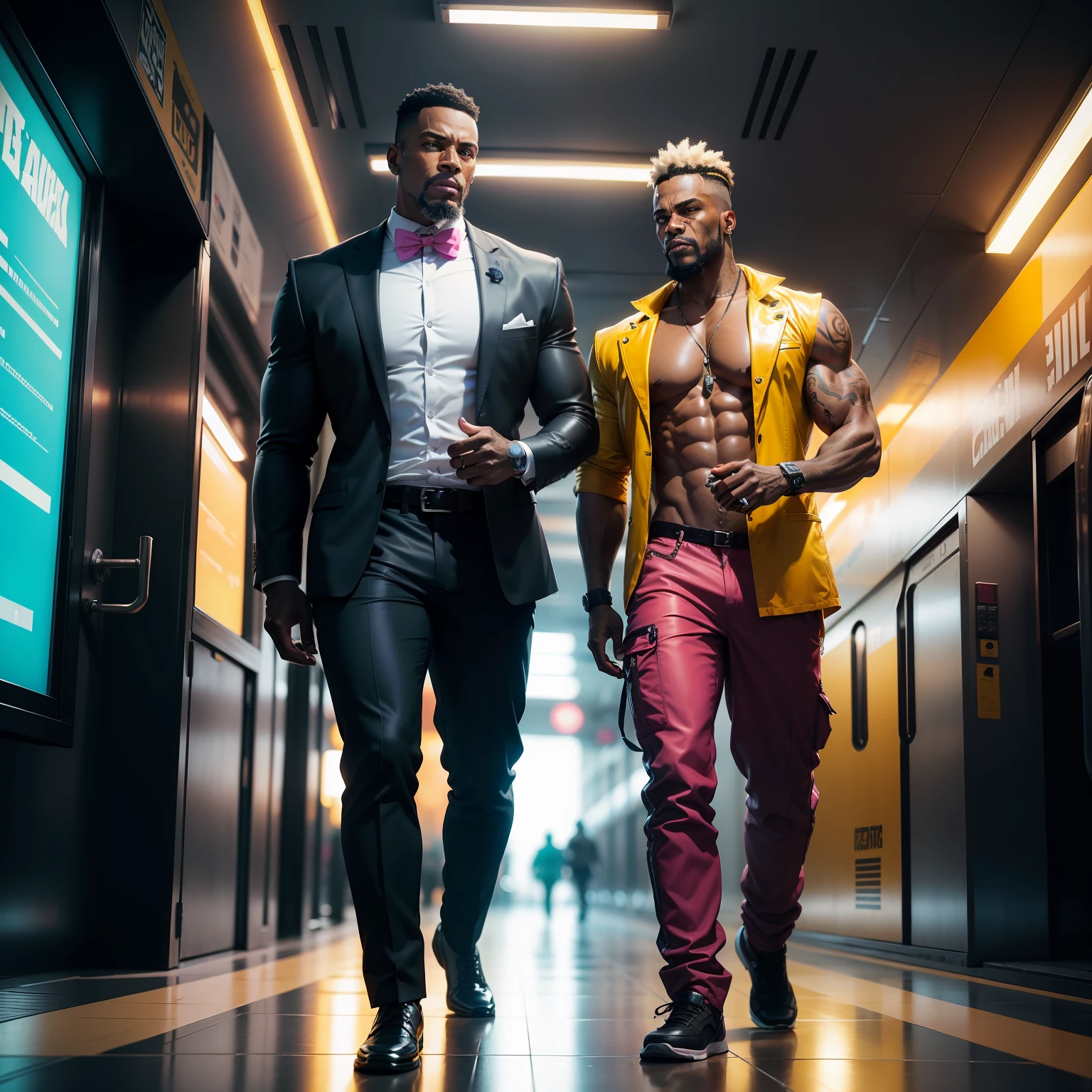 gostaria de uma imagem estilo cyberpunk em 4k de 2 personagens de mais ou menos 40 anos ,africano, forte, musculoso,Bodybillder,muito forte de pele negra ,barba grande,barba, Estiloso Barbon,com cabelo punk estilo anos 80 na cor amarelo e cinza escuro,muito eLegante,, futurista e estiloso neon , com uma tatuagem super colorida e com neon ,Toattoo, facing a metro station on the platform , with station lights failing in a dimly lit environment, standing dressed in a dark yellow suit with a pink bow tie and baggy shirt.