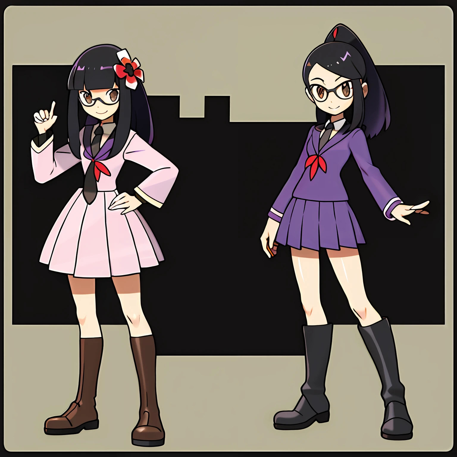 sugimori ken \(Style\), 1girll, flatchest, Brown eyes, Black hair,long whitr hair , Purple Chinese school uniform, Flower tie,Gray skirt, Creatures \(co\), game freak, Gloria (Pokemon), A high resolution, Legs, view the viewer, Nintendo, offcial art, Pokemon, Pokemon \(gaming console\), Pokemon SWSH, Light smile, sugimori ken, tart \(Illustrator\), Thighs, Stand next to Pokemon \(organism\)，eye glass，Black boots