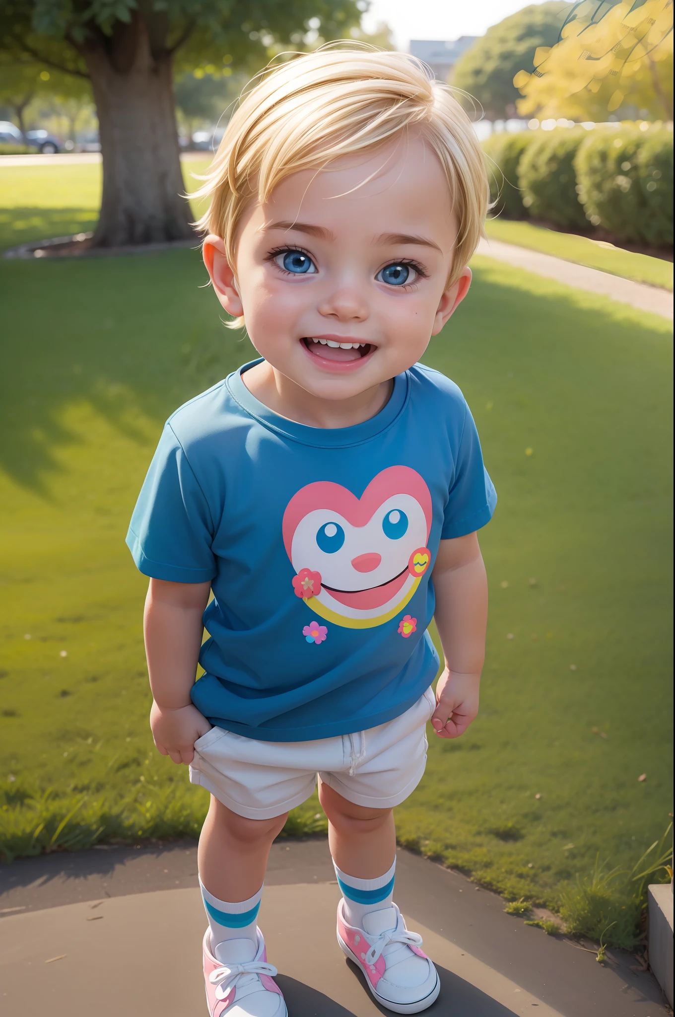 best quality, ultra high res, detailed face, realistic face, RAW photo, a park,standing, british boyl, ********** 3 years old, cute rounded face, smile, blonde hair:1.1, detailed hair, short striaght hair, blue shoes, odd socks, baby shoes, tshirt with smiley face, summer_shorts, simple shorts, cute baby clothes, rainbow tshirt, (cheerful, energetic, happy:1.4), blue eyes,