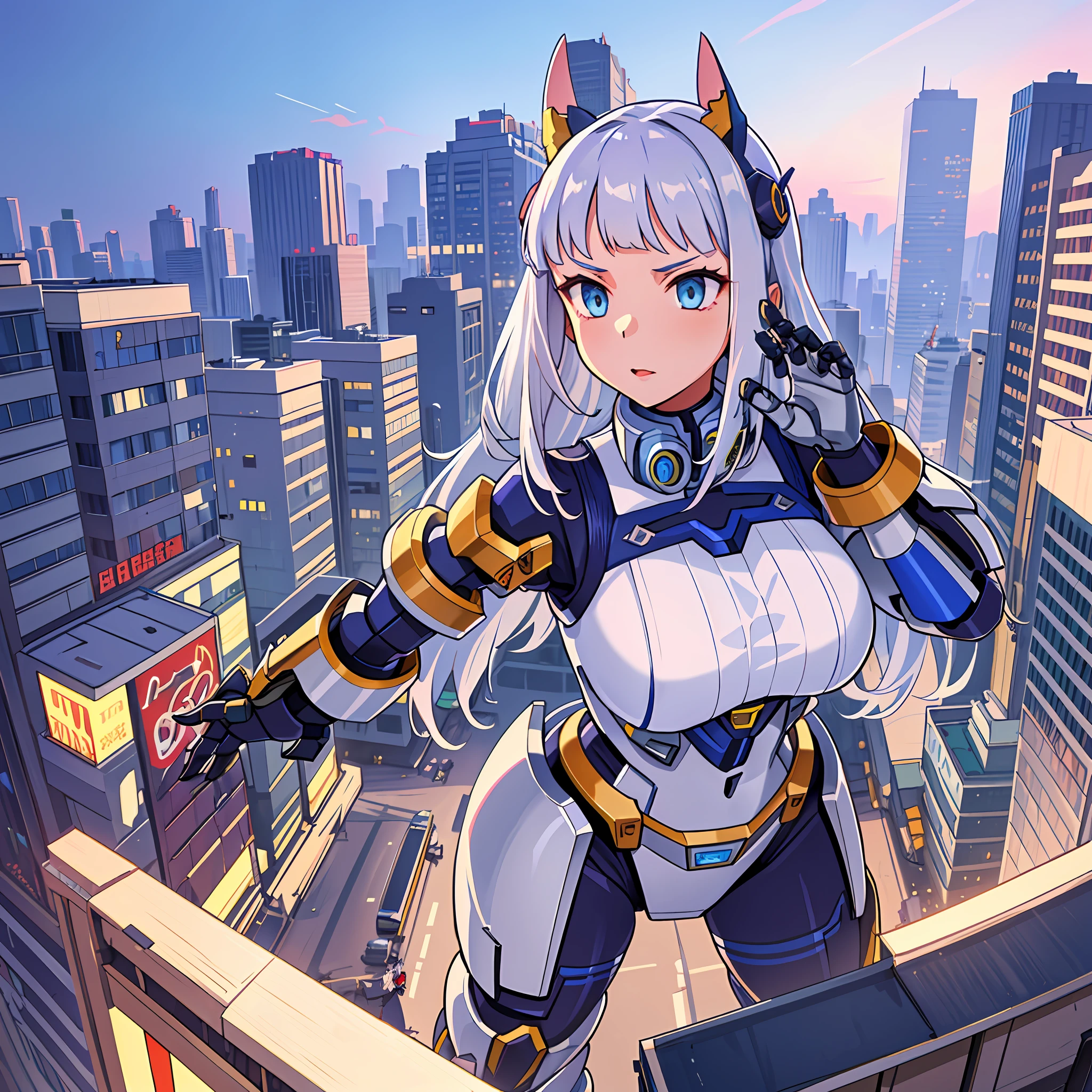 (detailed shaded pretty face), (1 girl), ((wide shot)), skin, silver hair, giantess, (mech suit:0.6), mechamusume, mecha, Cityscape, rampage, dynamic pose, cars, people