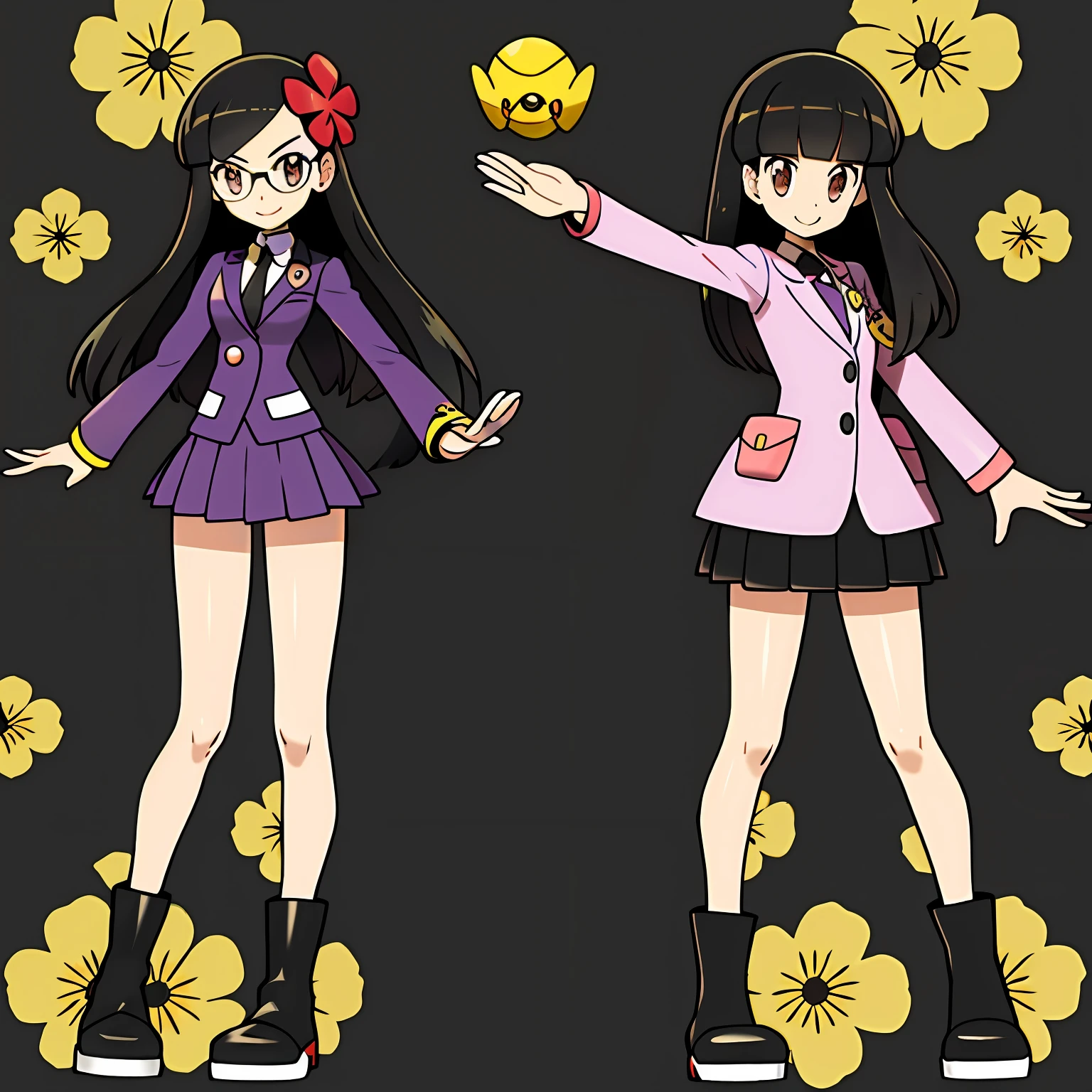 sugimori ken \(Style\), 1girll, flatchest, Brown eyes, Black hair,long whitr hair , Purple Chinese school uniform, Flower tie,Gray skirt, Creatures \(co\), game freak, Gloria (Pokemon), A high resolution, Legs, view the viewer, Nintendo, offcial art, Pokemon, Pokemon \(gaming console\), Pokemon SWSH, Light smile, sugimori ken, tart \(Illustrator\), Thighs, Stand next to Pokemon \(organism\),eye glass,Black boots