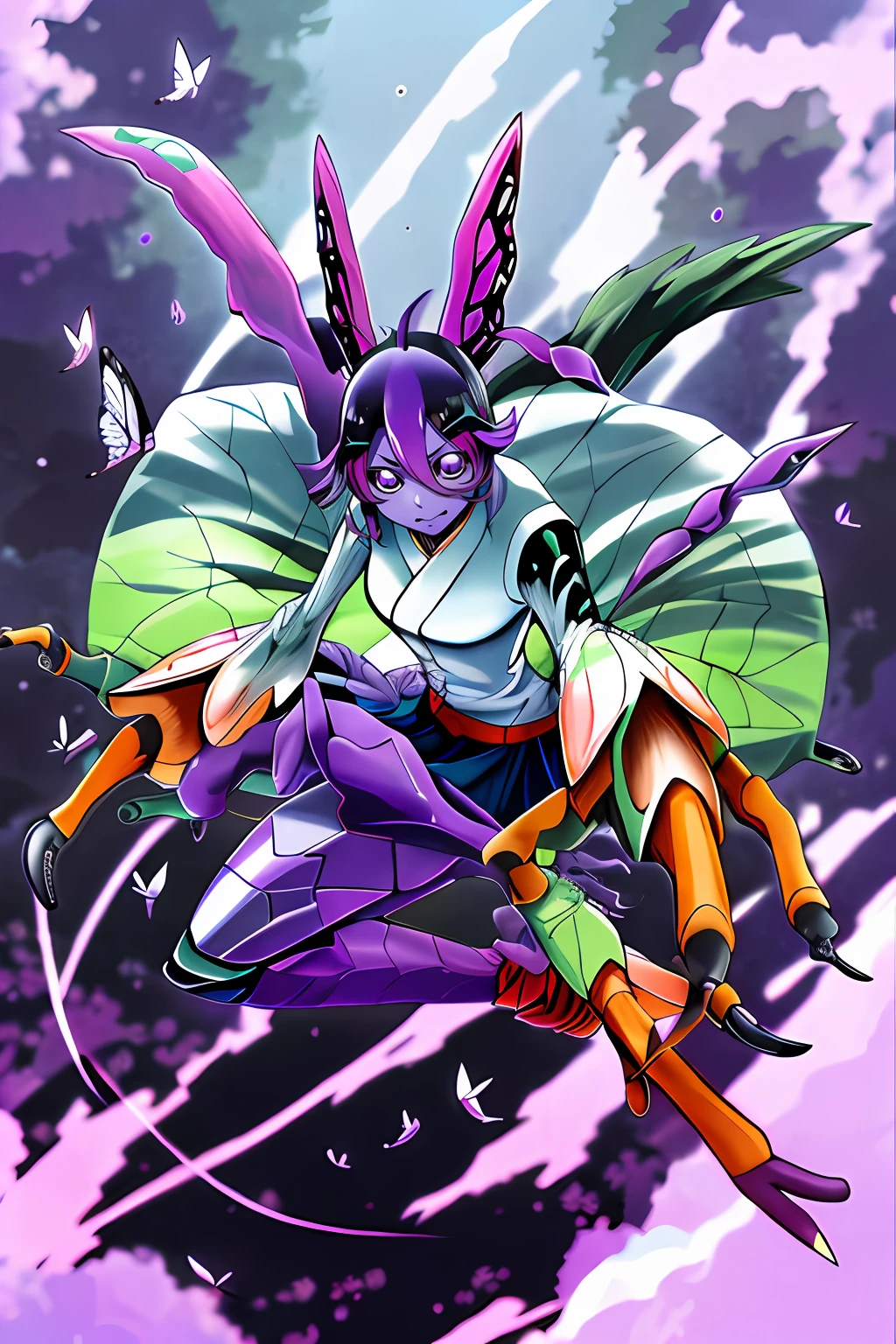 Kochou Shinobu as a Digimon, 1girl,masterpiece, multicolored hair, long sleeves, purple eyes, Insect , fairy ,Butterfly like, digimon\(creature\),((Purple Skin)), Butterfly wing, Insectoid arms ((,insect limbs))