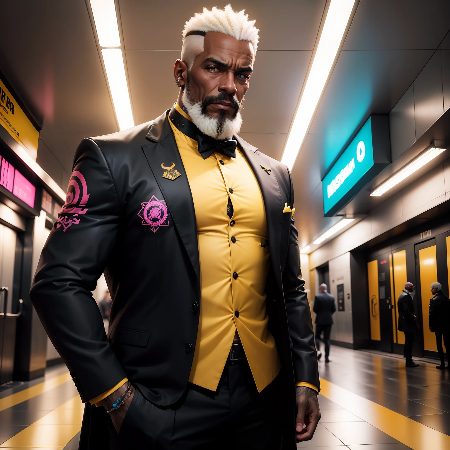 gostaria de uma imagem estilo cyberpunk em 4k de um homem de mais ou menos 40 anos ,portanto,portanto,africano, forte, musculoso,Bodybillder,muito forte de pele negra ,barba grande,barba, Estiloso Barbon,com cabelo punk estilo anos 80 na cor amarelo e cinza escuro,muito eLegante,, futurista e estiloso neon , com uma tatuagem super colorida e com neon ,Toattoo, facing a metro station on the platform , with station lights failing in a dimly lit environment, standing dressed in a dark yellow suit with a pink bow tie and baggy shirt.
