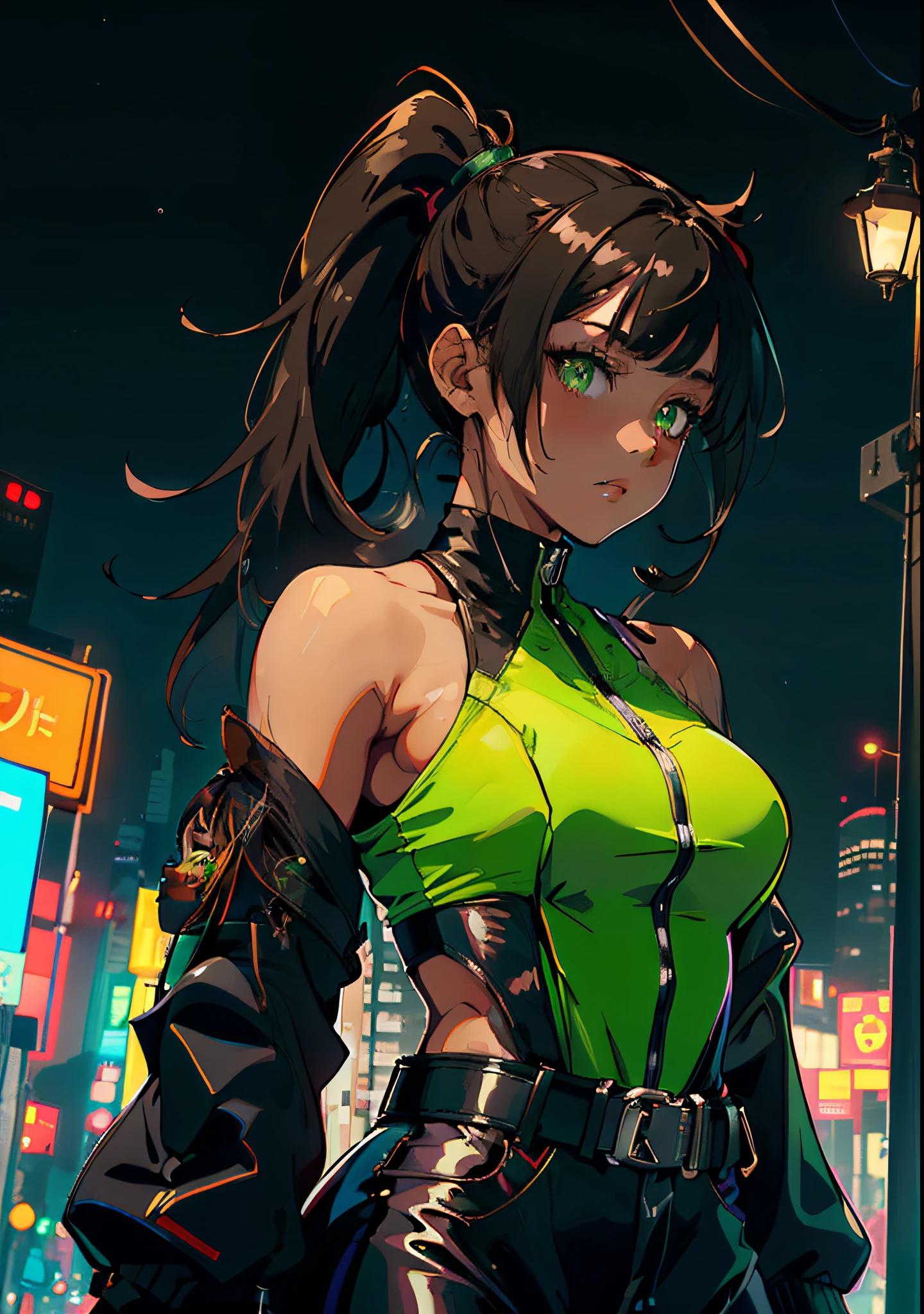 1girl, beautiful face, squirrel ears, squirrel tail, dark skin, (ponytail, brunette, extremely long hair), (techwear, belt, bodysuit, green jacket, open jacket,detached sleeves,hip vent), green eyes, cute, look at viewer, night city, neon, rainy, huge breasts, acorn earrings