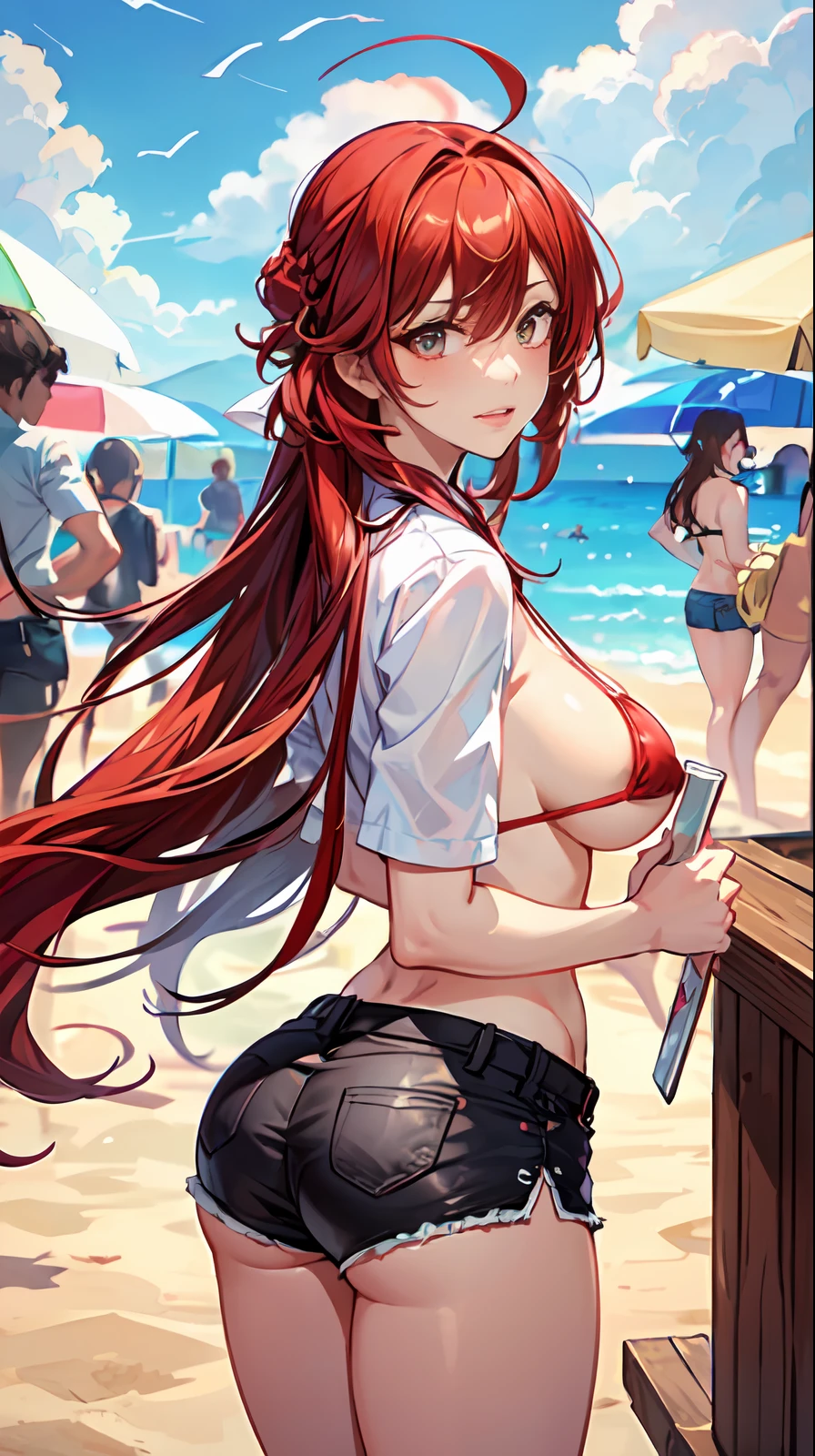 (((Masterpiece))),(((Best Quality))),(((Extremely Detailed))), Illustration, (High Resolution), High Quality, Perfect Line Art1 girl, tall woman:1, long hair, incandescent red hair, bulky, curvy body, (big breasts:1) big ass:1.3), (wide hips:1.2), thick thighs:1, slim waist:1, abs marked:1, rude attitude, evil smile, piercing gaze, frown, blushing, flirtatious:1, beautiful body, beautiful fair skin, detailed skin, sexy clothes, ((short shorts. red micro bikini)), marked nipples on the clothes, sexy pose, dynamic pose, a hand on her neck. one hand on the waist: 1, simple background, a paradisiacal beach, ahoge, nihilister