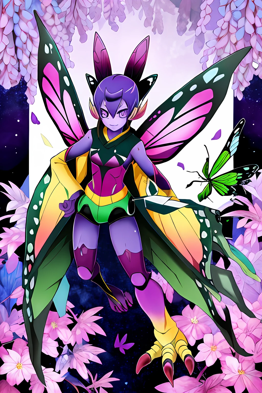 Kochou Shinobu as a Digimon, 1girl,masterpiece, multicolored hair, long sleeves, purple eyes, Insect , fairy ,Butterfly like, digimon\(creature\),((Purple Skin)), Butterfly wing, Insectoid arms ((,insect limbs))
