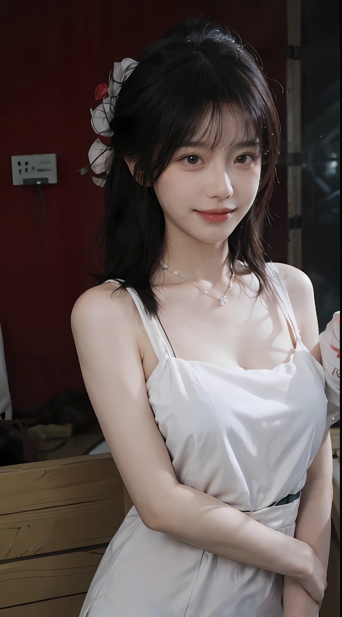 best qualtiy, 超高分辨率, (realisticlying:1.4),cute hairpin,Baoyu Girl,Stand in the wedding hall,(flatchest:1.2) ,A pair of clear and moving peach blossom eyes,Royal Sister,sunshine on face,Big wavy hairstyle,(choker necklace:1.2),(Fair skin:1.4),a sense of atmosphere,a beauty girl, ssmile,head straight-looking at viewer, closeup cleavage ,(Photorealistic:1.4),1girll,Sexy,(Upper body:1.4),(Wet body),(:1.2)