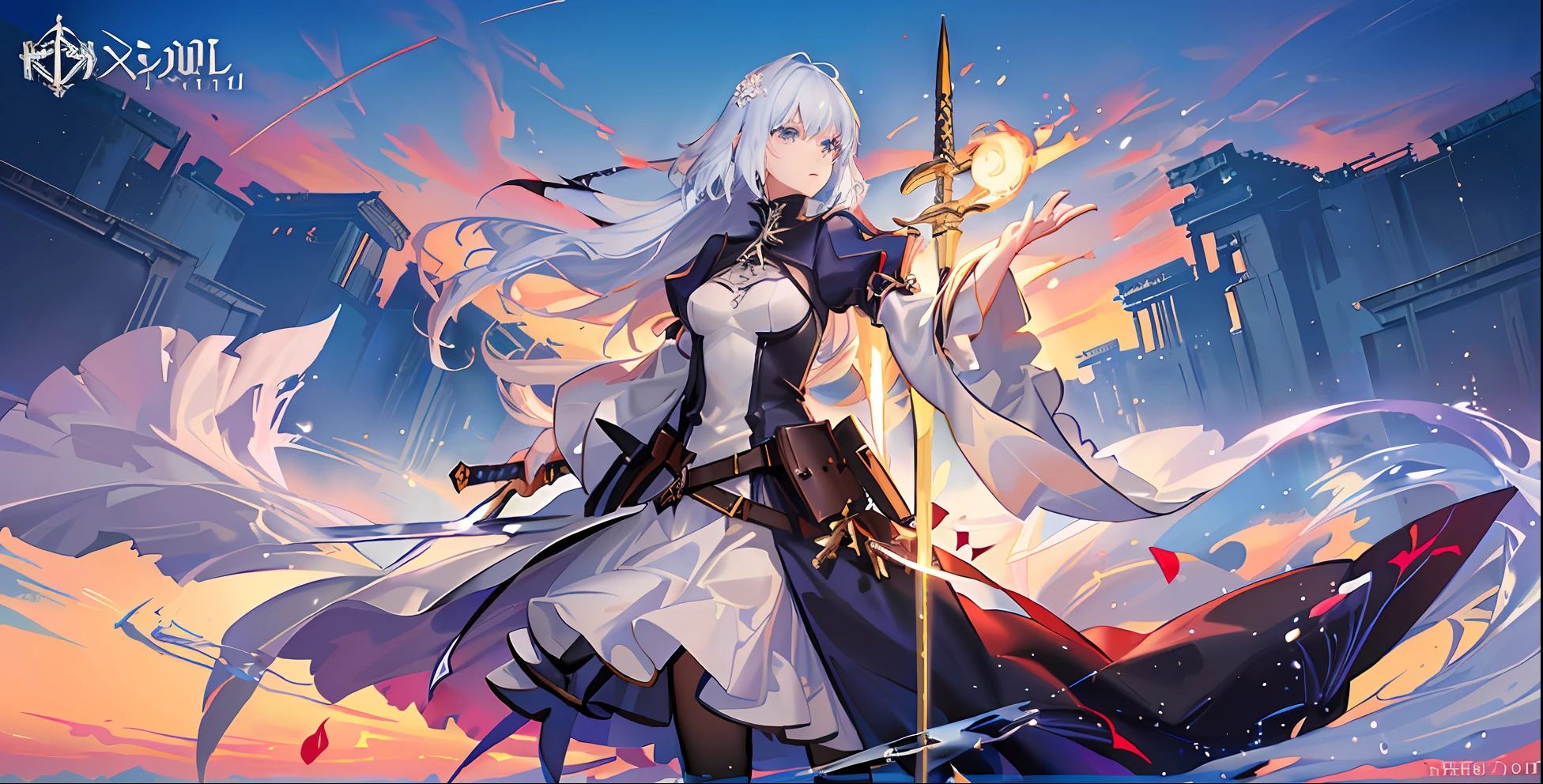 Anime, angel, Girl, sword, sword, sword, sword, sword, sword, sword, sword, ethereal anime, Detailed anime artwork, Detailed key anime art, Beautiful anime artwork, From Arknights, beautiful fantasy anime, astral ethereal, by Yang J, Anime fantasy artwork, Anime epic artwork, Ethereal fantasy, Ethereal!!!!!!!, detailed anime art, White-haired god