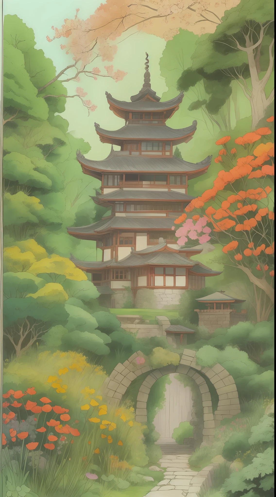 Sketch,ancient castle,garden,zen,illustration,colorful,ink painting