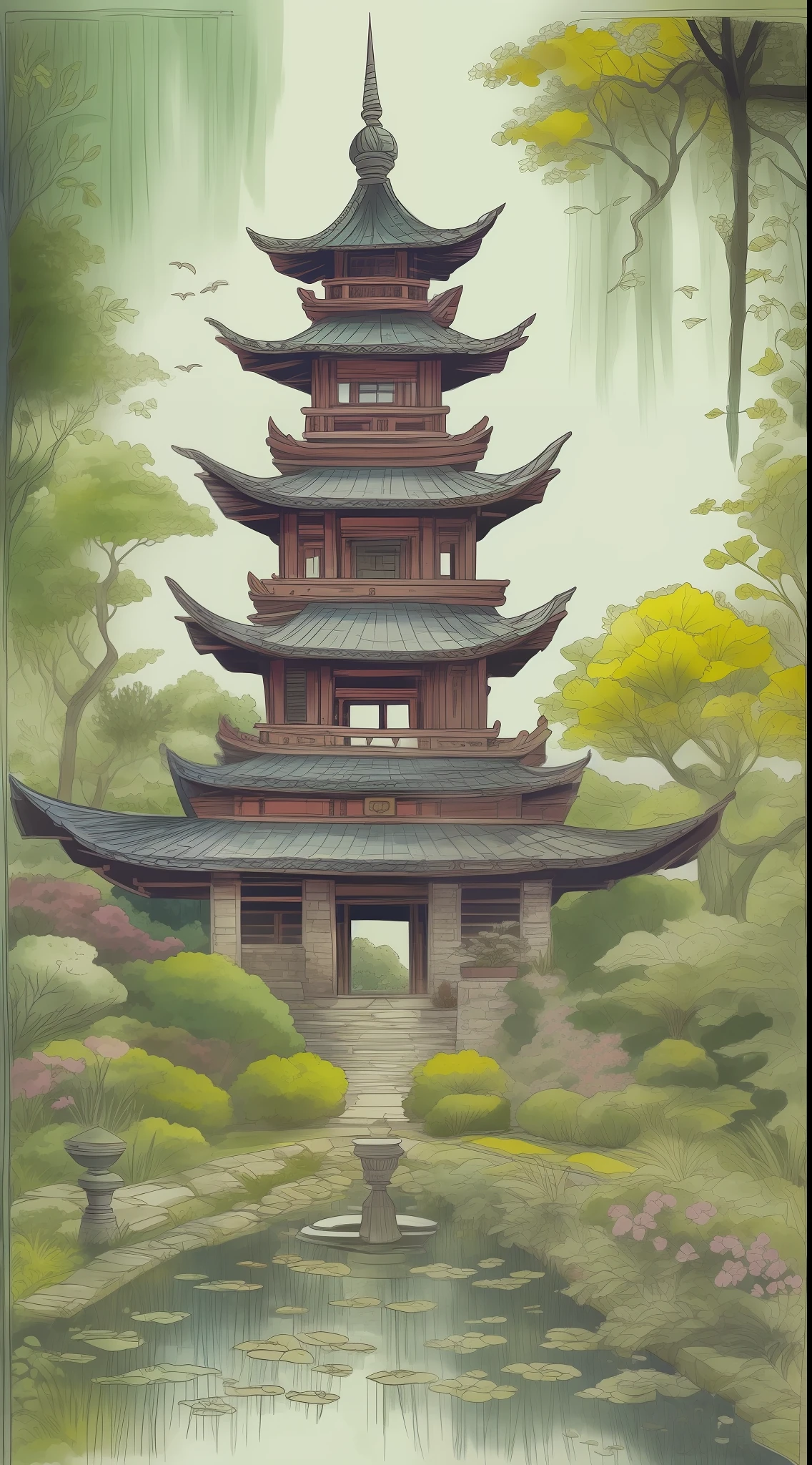 Sketch,ancient castle,garden,zen,illustration,colorful,ink painting